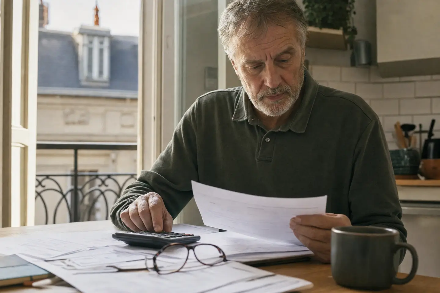 Assuré vérifiant le calcul de sa pension d'invalidité de catégorie 2 avec ses relevés de salaire