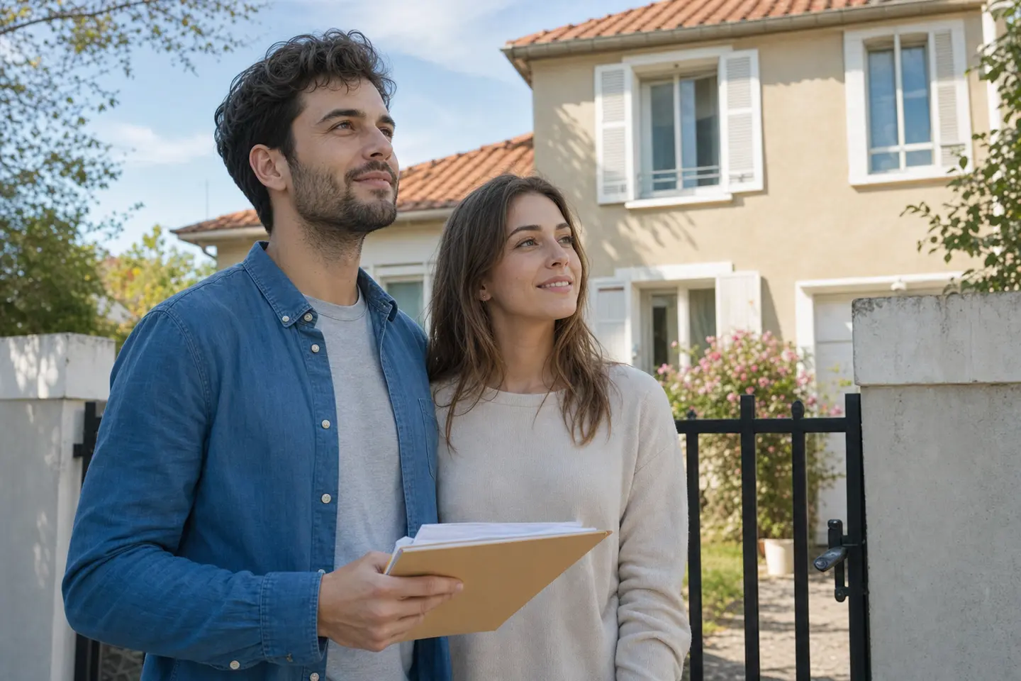 Un jeune couple devant la maison qu'il projette d'acheter en débloquant son PER