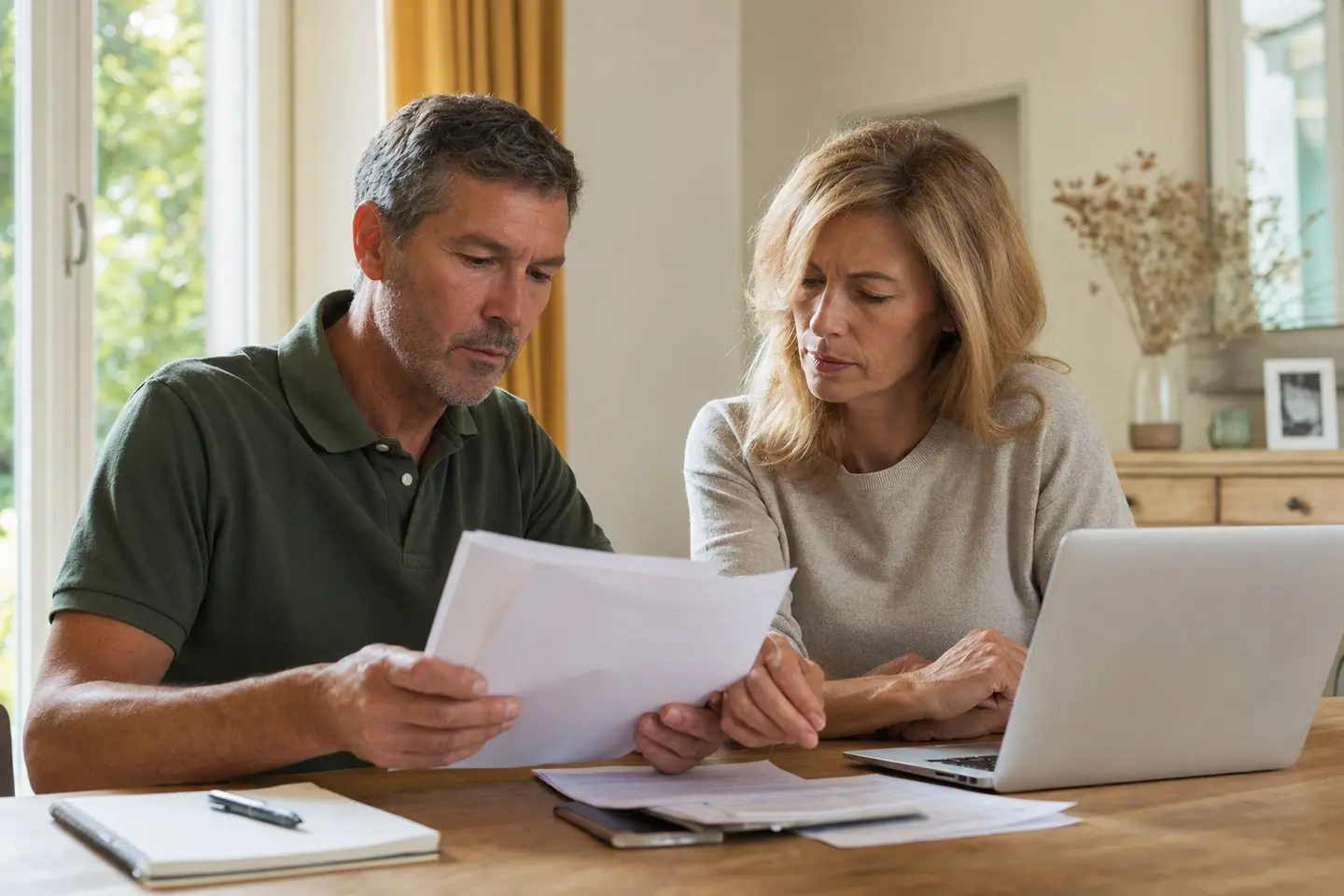 Un couple quadragénaire compare un PER et un contrat d'assurance vie sur ses documents d'épargne à la table du salon