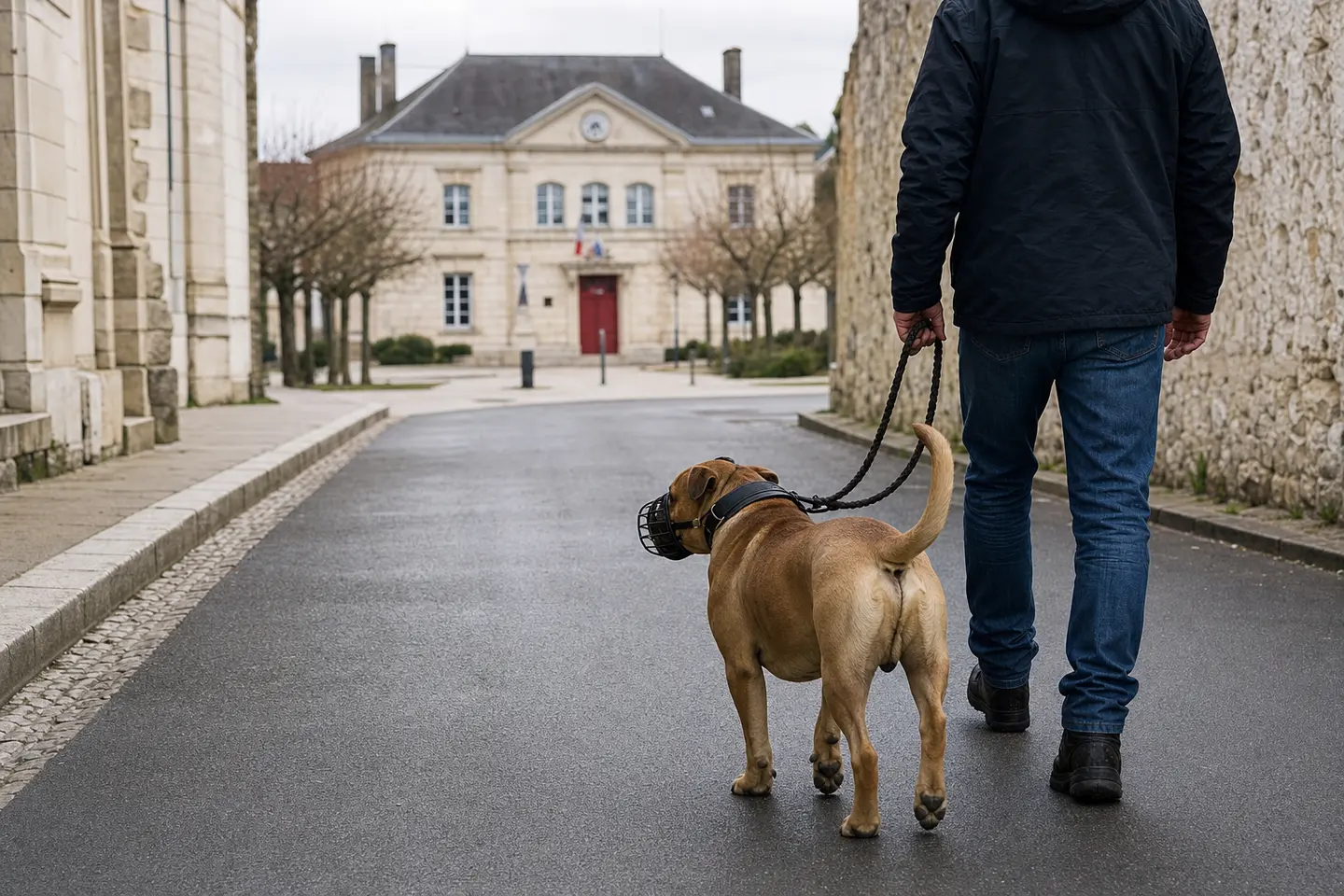 Un maître promène en laisse et muselière son chien catégorisé devant une mairie française