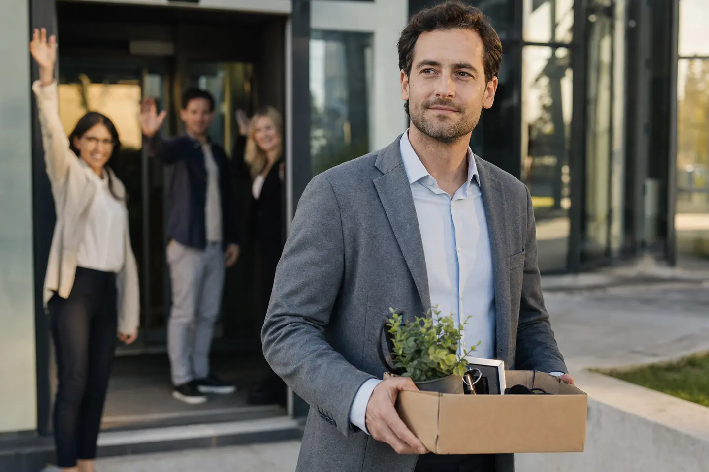 Un salarié quitte les locaux de son entreprise avec un carton, serein sur le maintien de sa complémentaire santé
