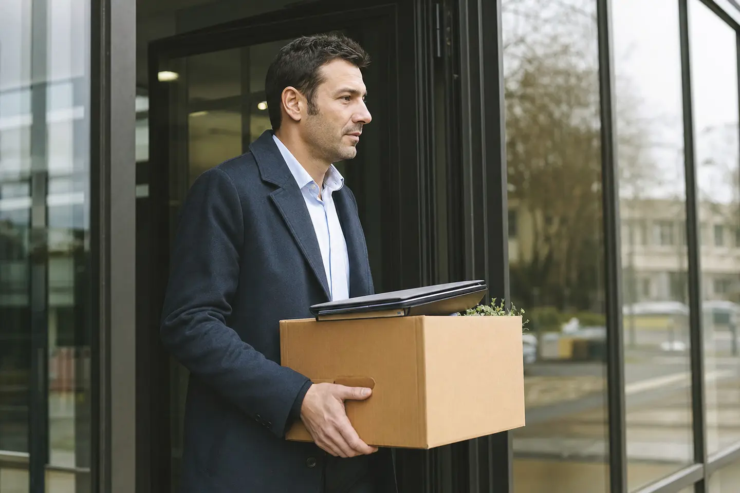 Salarié quittant son entreprise avec un carton d'effets personnels et un dossier de documents d'assurance sous le bras
