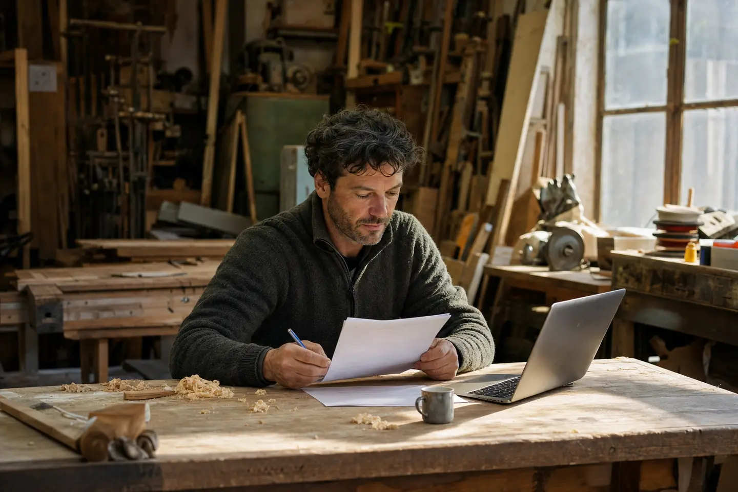 Artisan indépendant étudiant son contrat de prévoyance TNS dans son atelier, entre devis et ordinateur portable