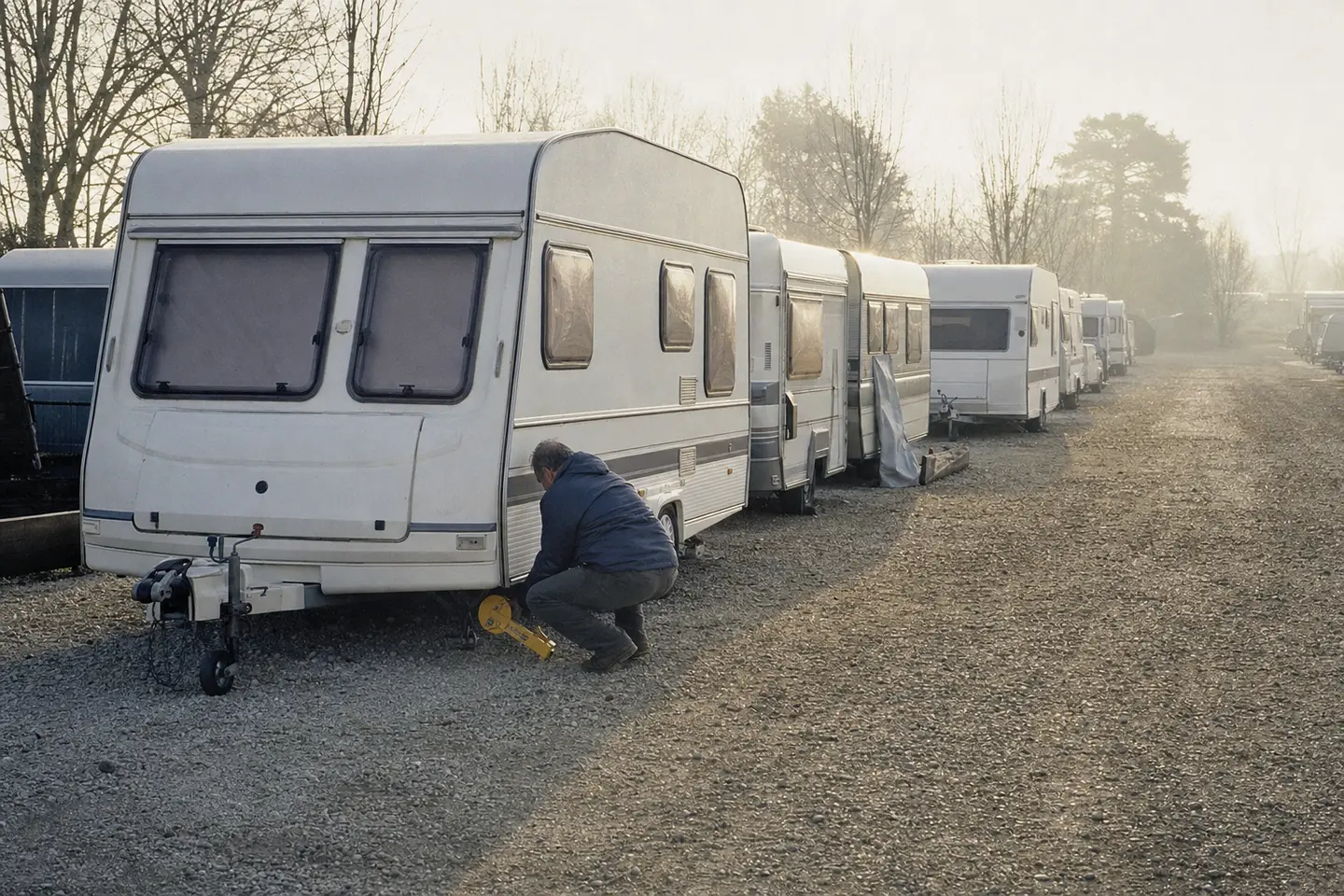 Caravanes stationnées sur une aire d'hivernage en France, propriétaire vérifiant un antivol de roue
