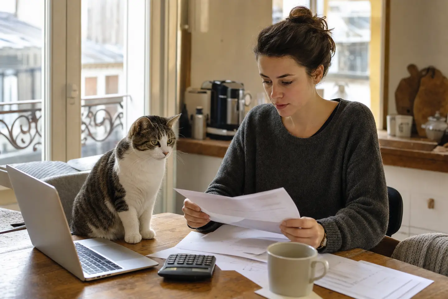 Un chat européen assis sur une table à côté d'un ordinateur portable pendant que sa propriétaire compare des devis