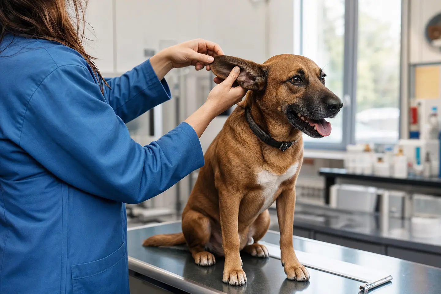Un chien examiné par un vétérinaire sur une table dans une clinique lumineuse