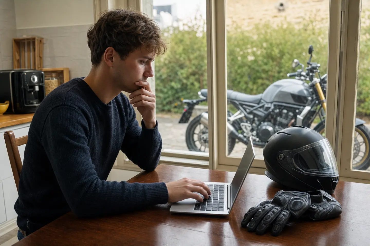 Jeune conducteur comparant des devis d'assurance moto sur un ordinateur portable, casque posé sur la table