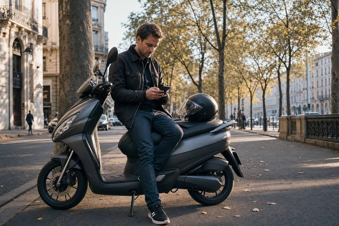 Conducteur consultant des devis d'assurance sur son téléphone, assis sur un scooter 125 stationné en ville