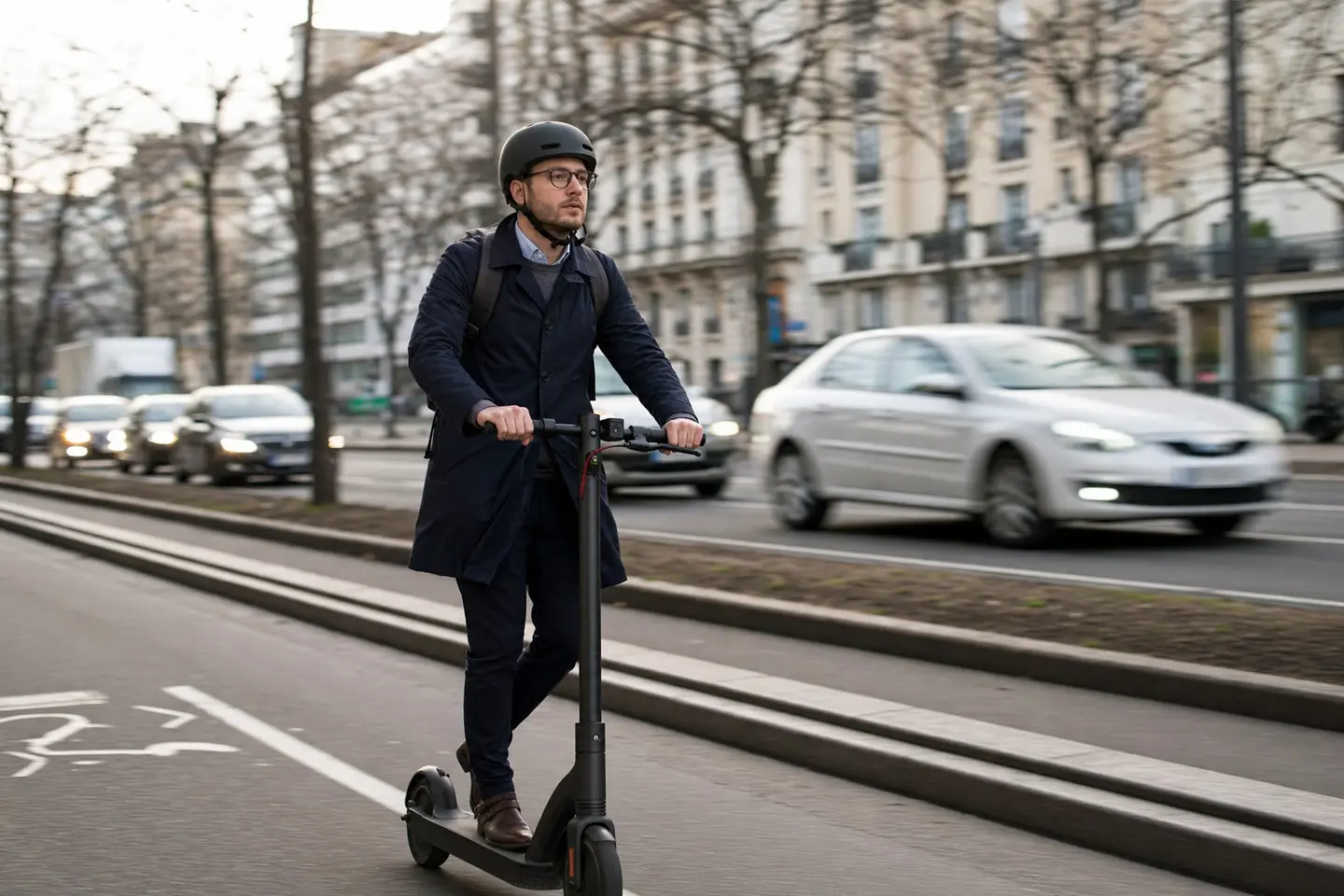Conducteur casqué circulant en trottinette électrique sur une piste cyclable en ville