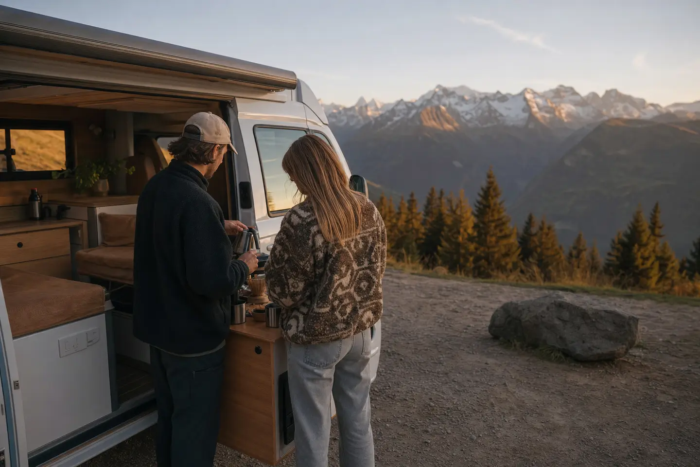 Van aménagé stationné face aux montagnes françaises, un couple de vanlifers prépare un café sur la kitchenette