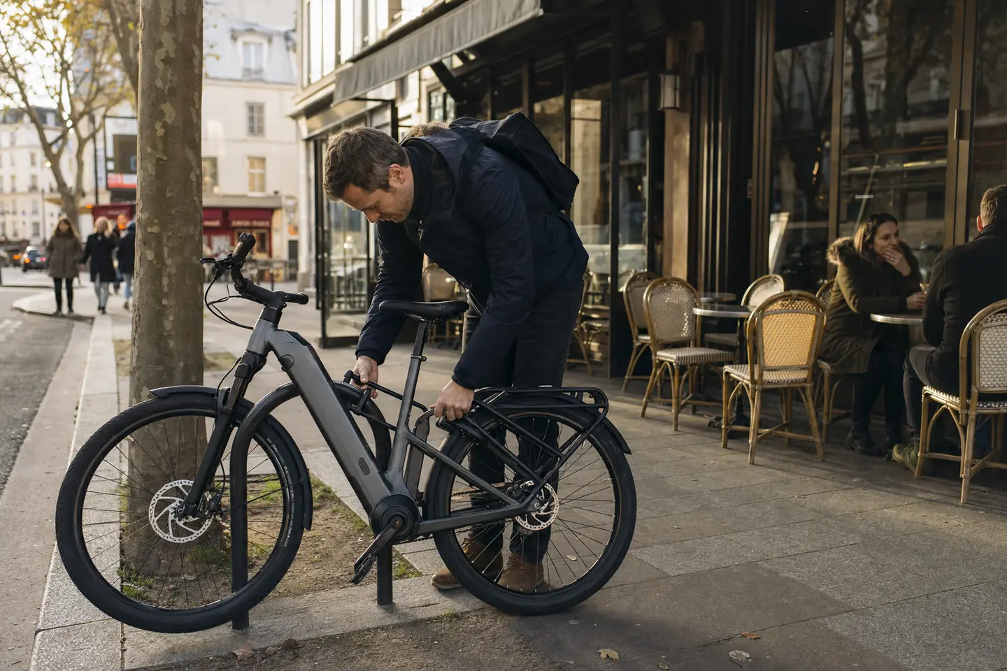 Cycliste attachant son vélo électrique avec un antivol en U dans une rue française