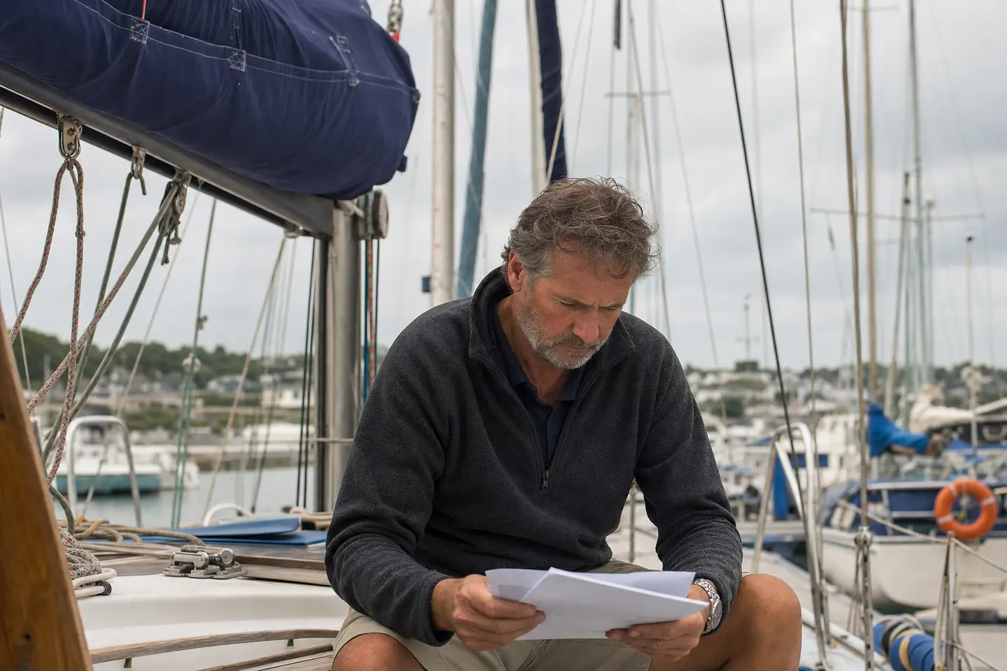 Propriétaire examinant son contrat d'assurance sur le pont de son voilier amarré dans un port de plaisance breton