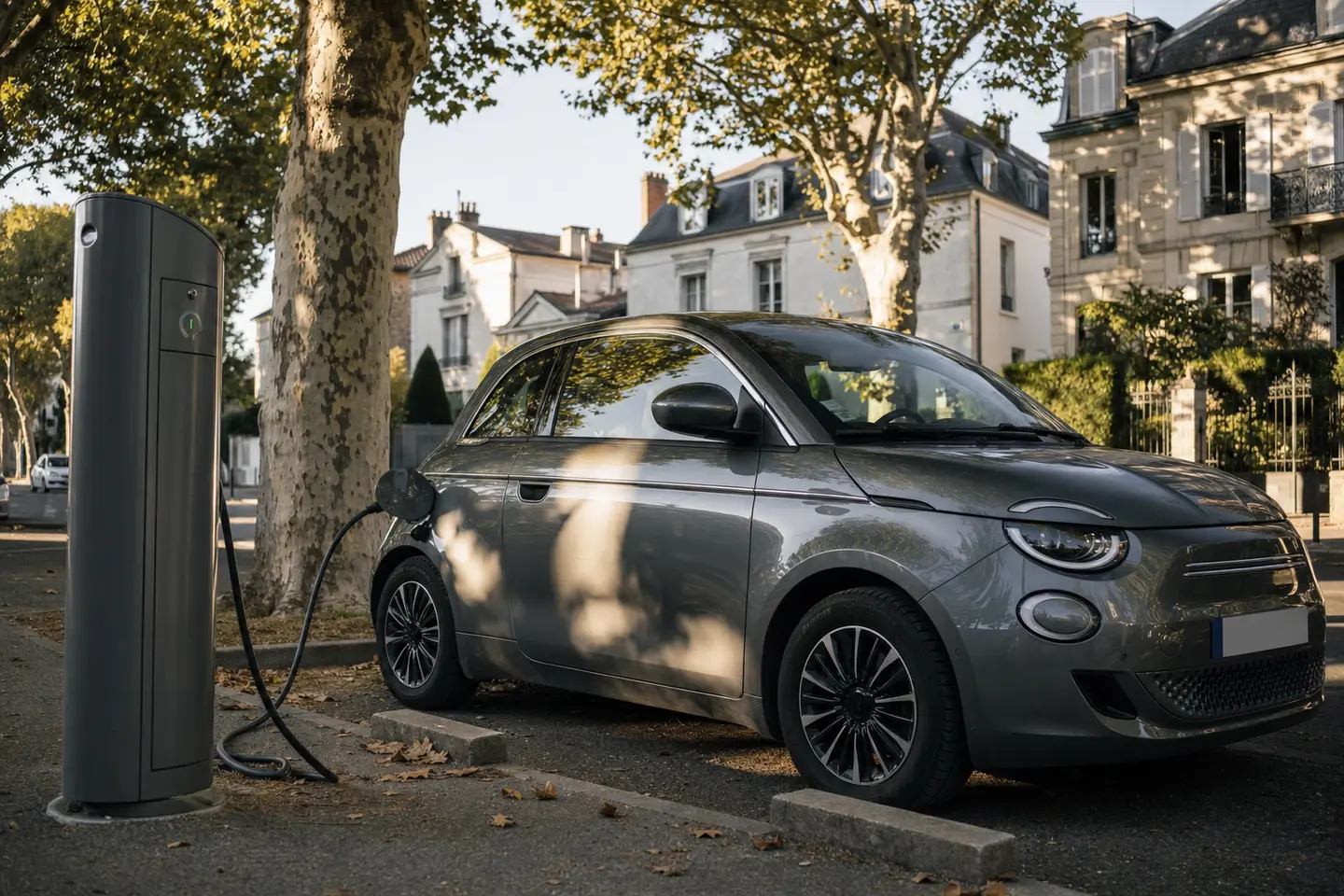 Voiture électrique en charge sur une borne publique en France, illustration du coût d'assurance des véhicules électriques