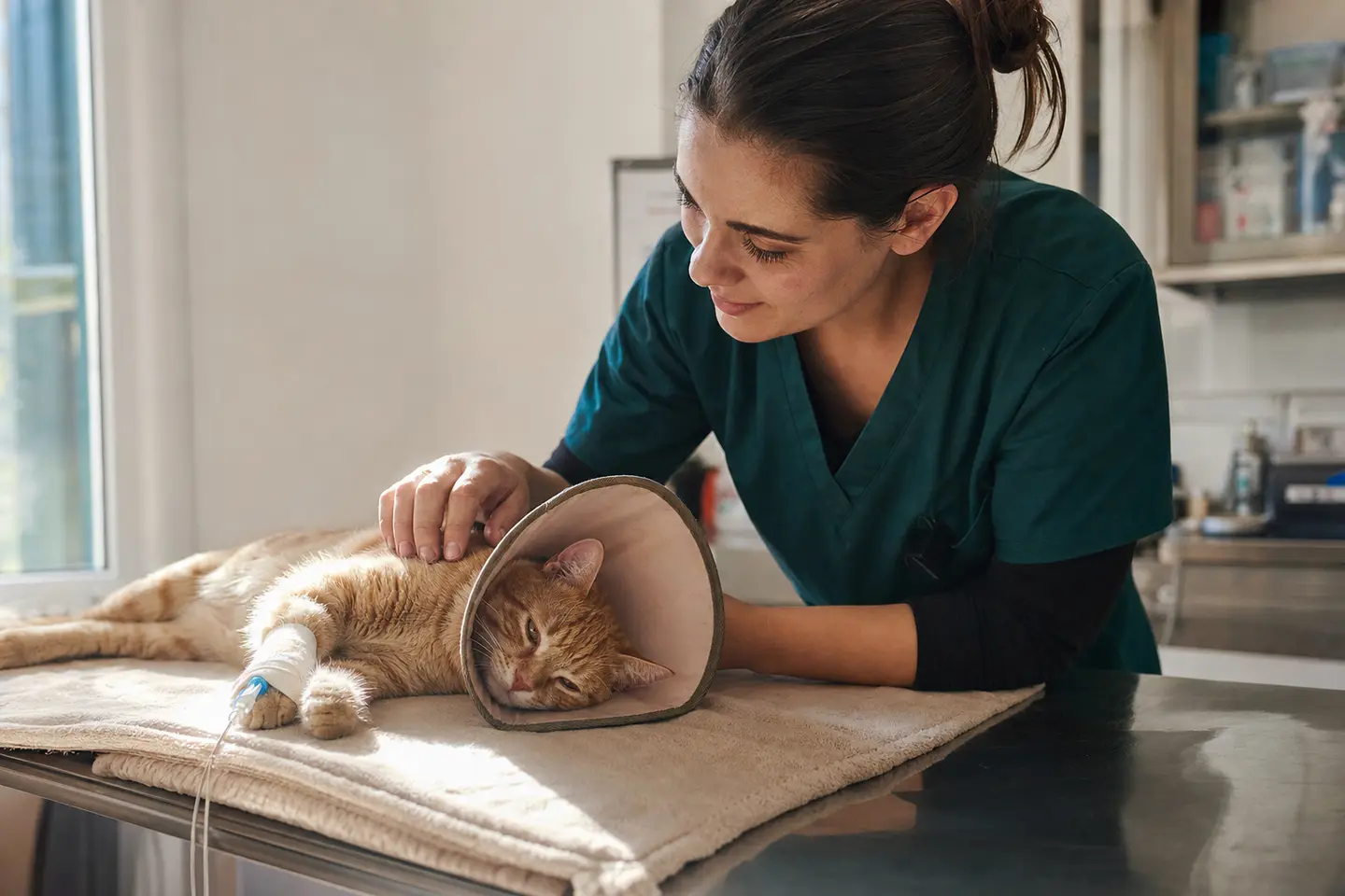 Un jeune chat roux au repos dans une clinique vétérinaire, portant une collerette après son opération