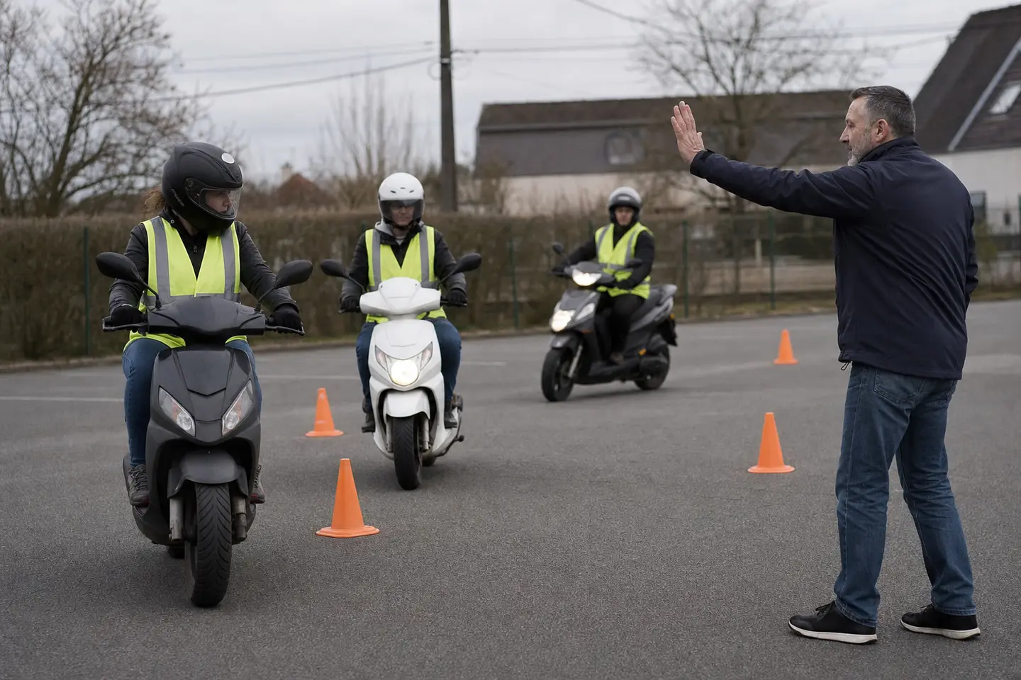 Stagiaires en scooter 125 s'exerçant entre des cônes sur le plateau d'une moto-école