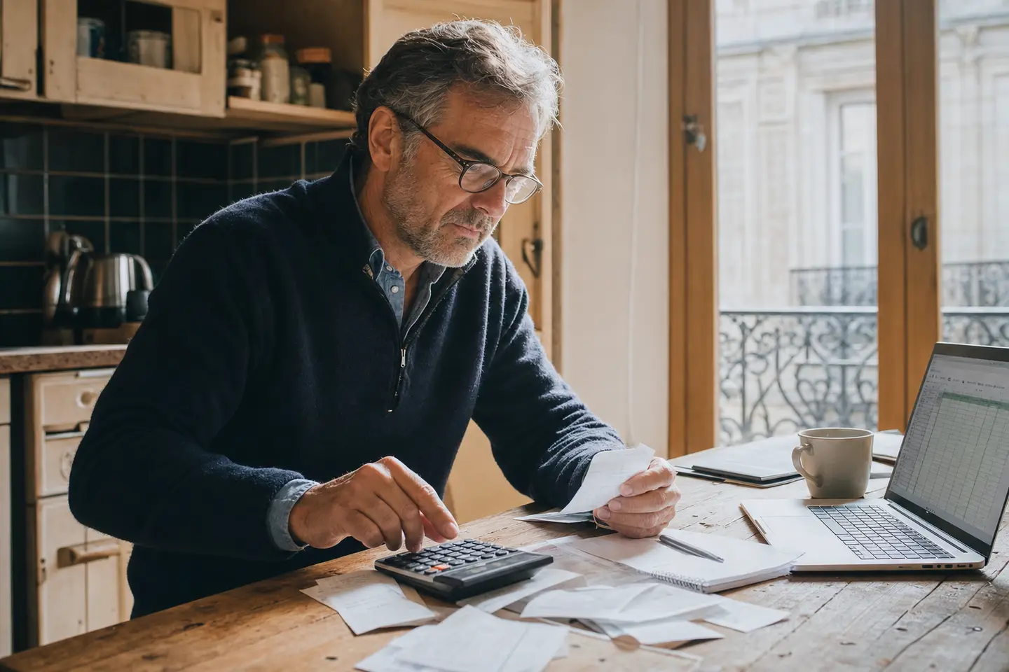Propriétaire bailleur comparant des devis de garantie loyers impayés avec une calculatrice et des quittances de loyer sur une table