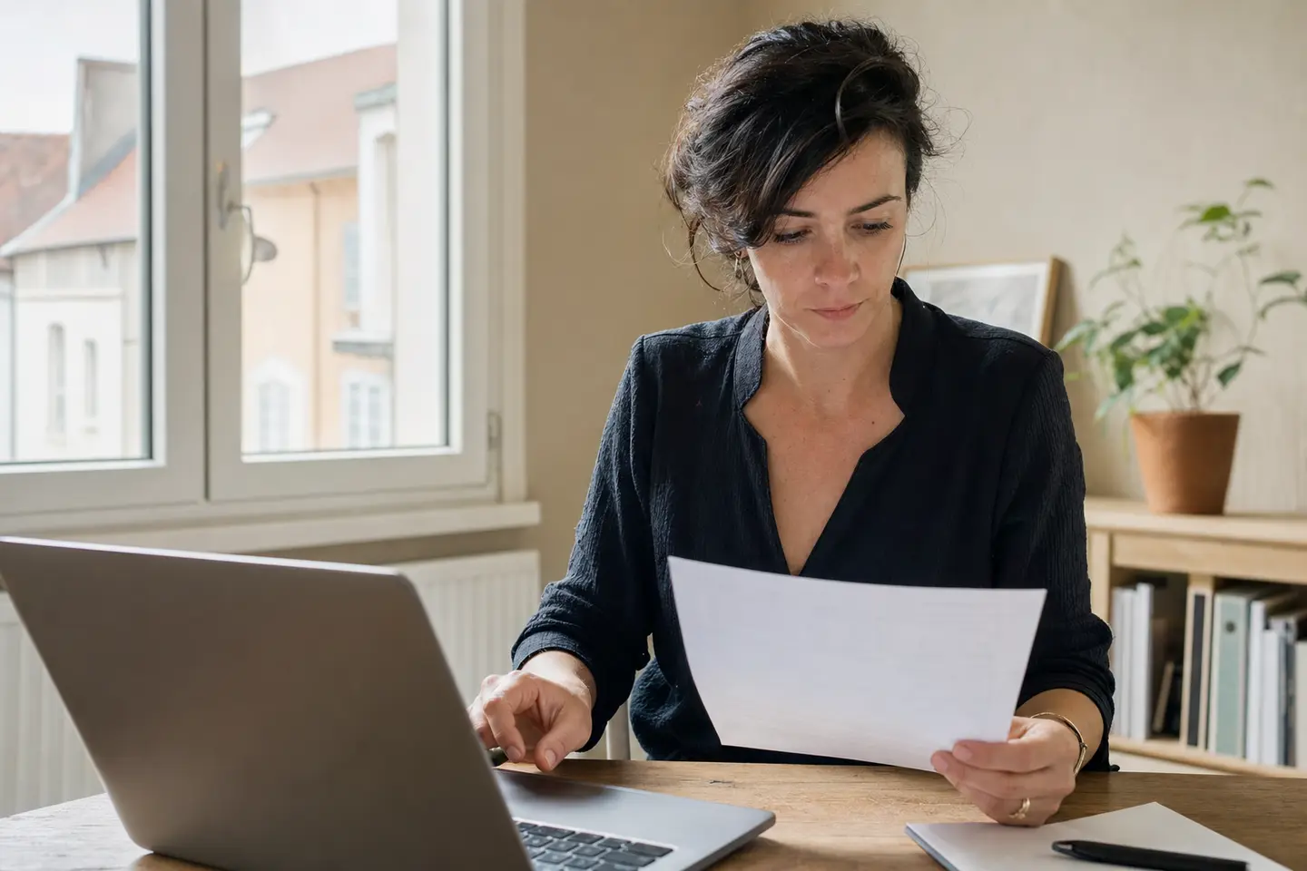 Indépendante étudiant un devis de responsabilité civile professionnelle dans son bureau