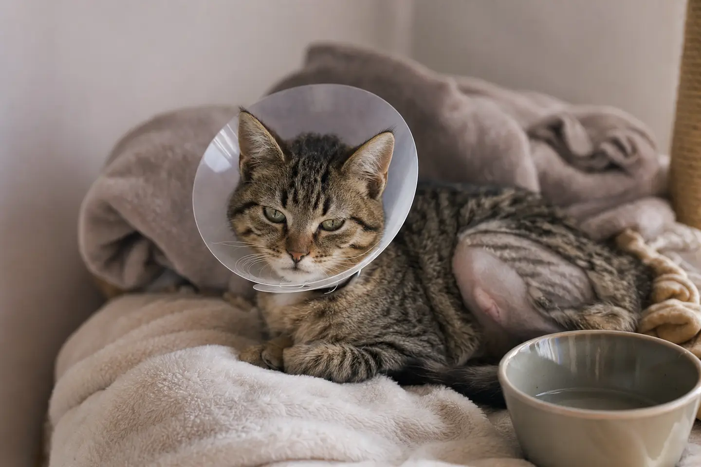 Une jeune chatte tigrée porte une collerette de convalescence, allongée sur un plaid à la maison après son opération
