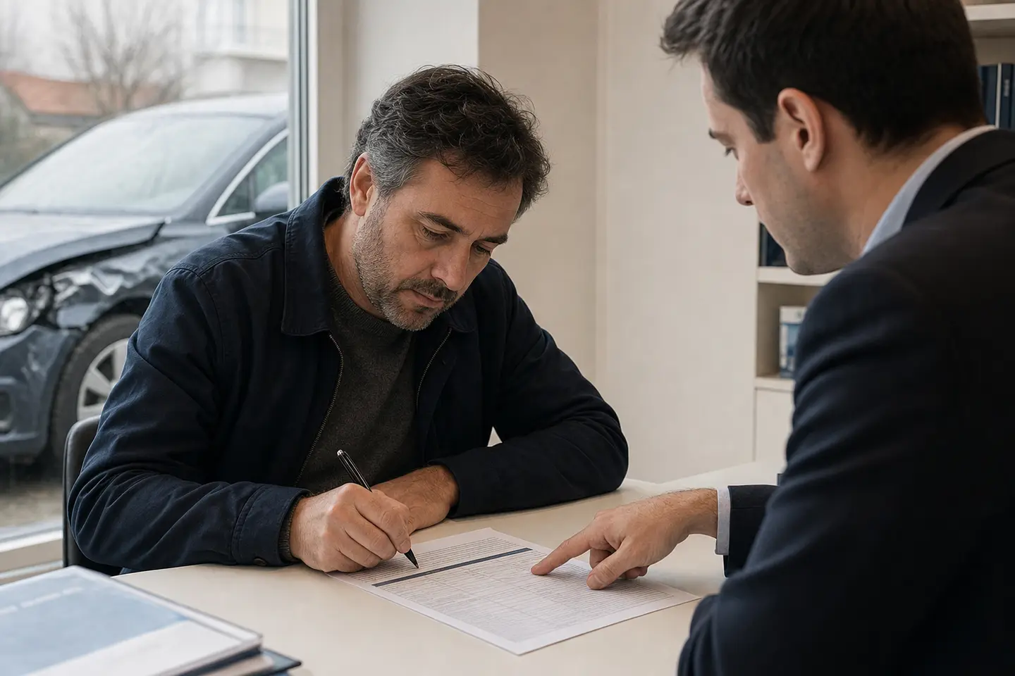 Un conducteur signe l'avenant de rachat de franchise de son assurance auto dans une agence, tableau des garanties posé sur le bureau