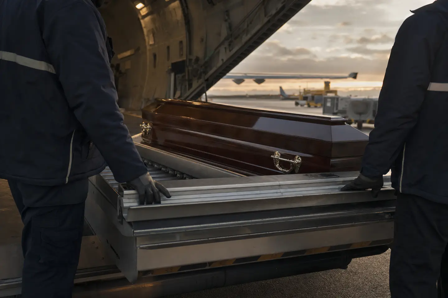 Prise en charge d'un cercueil lors d'un rapatriement de corps par voie aérienne depuis l'étranger
