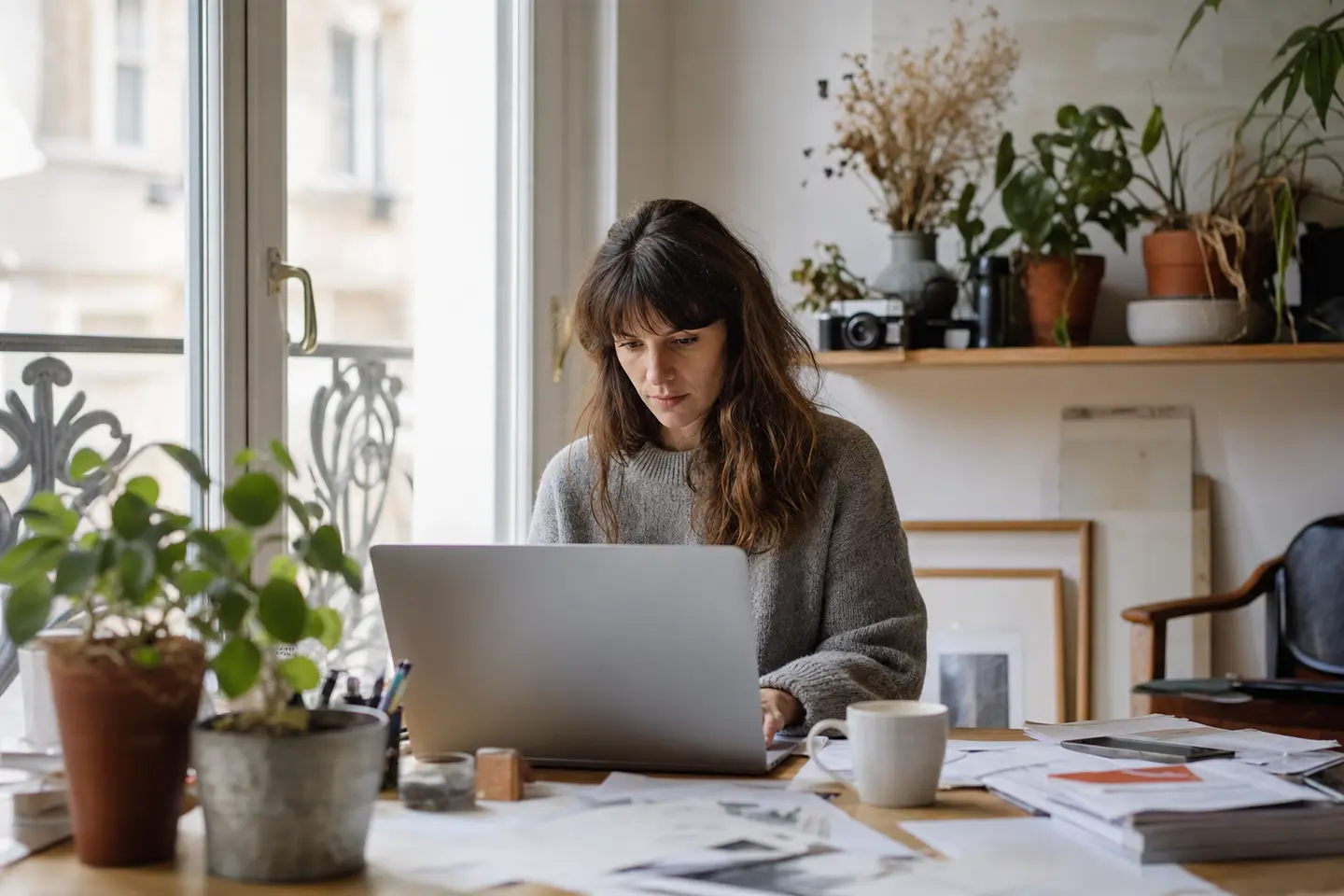 Auto-entrepreneuse graphiste travaillant à son bureau à domicile, ordinateur portable et documents professionnels