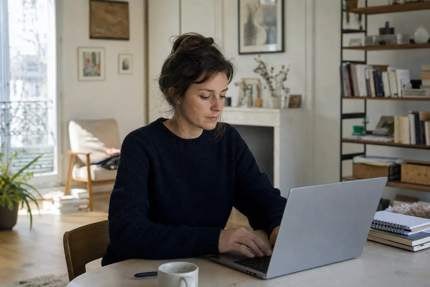 Personne travaillant sur un ordinateur portable dans un coin bureau aménagé au domicile, en télétravail