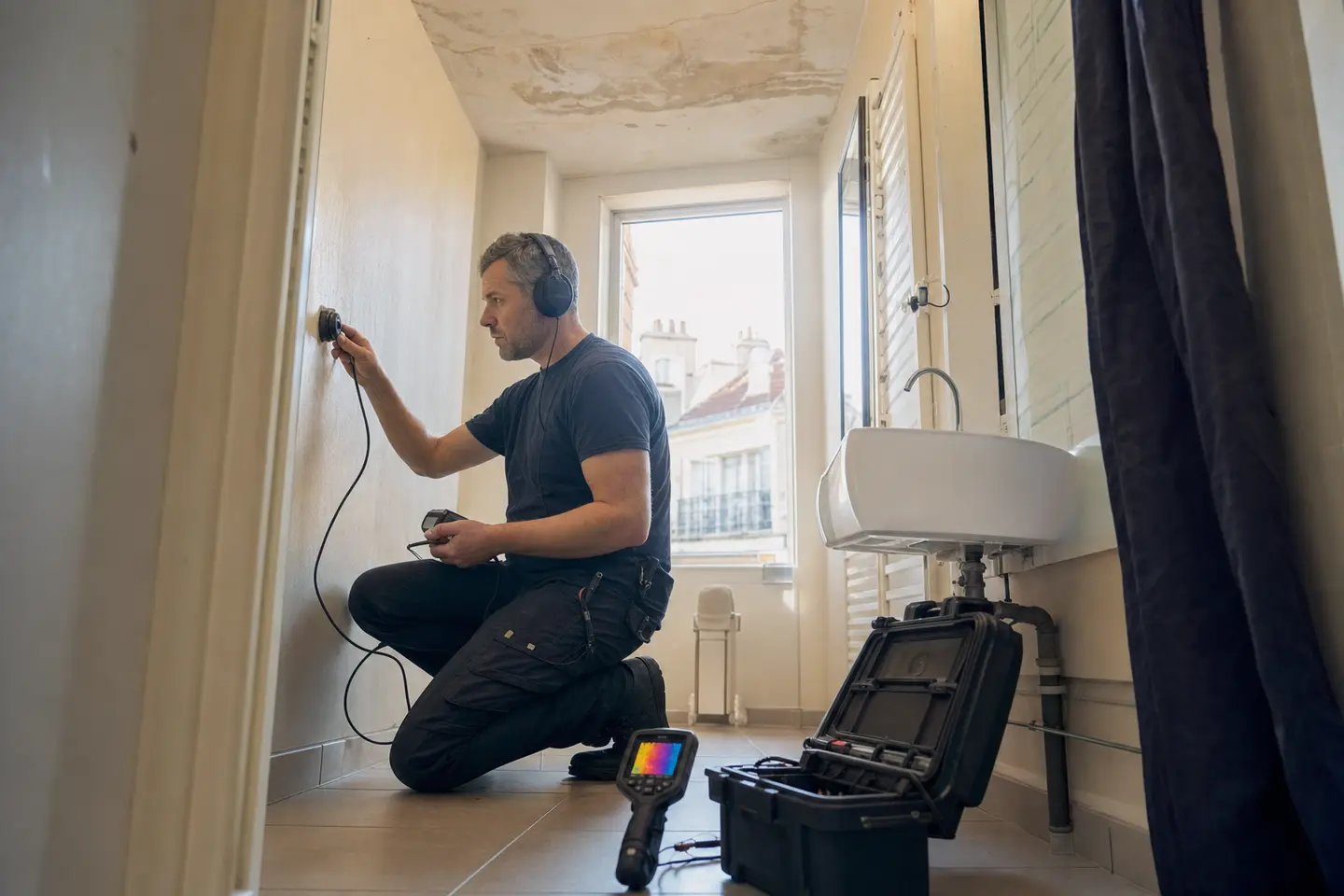 Technicien réalisant une recherche de fuite non destructive dans un appartement en copropriété