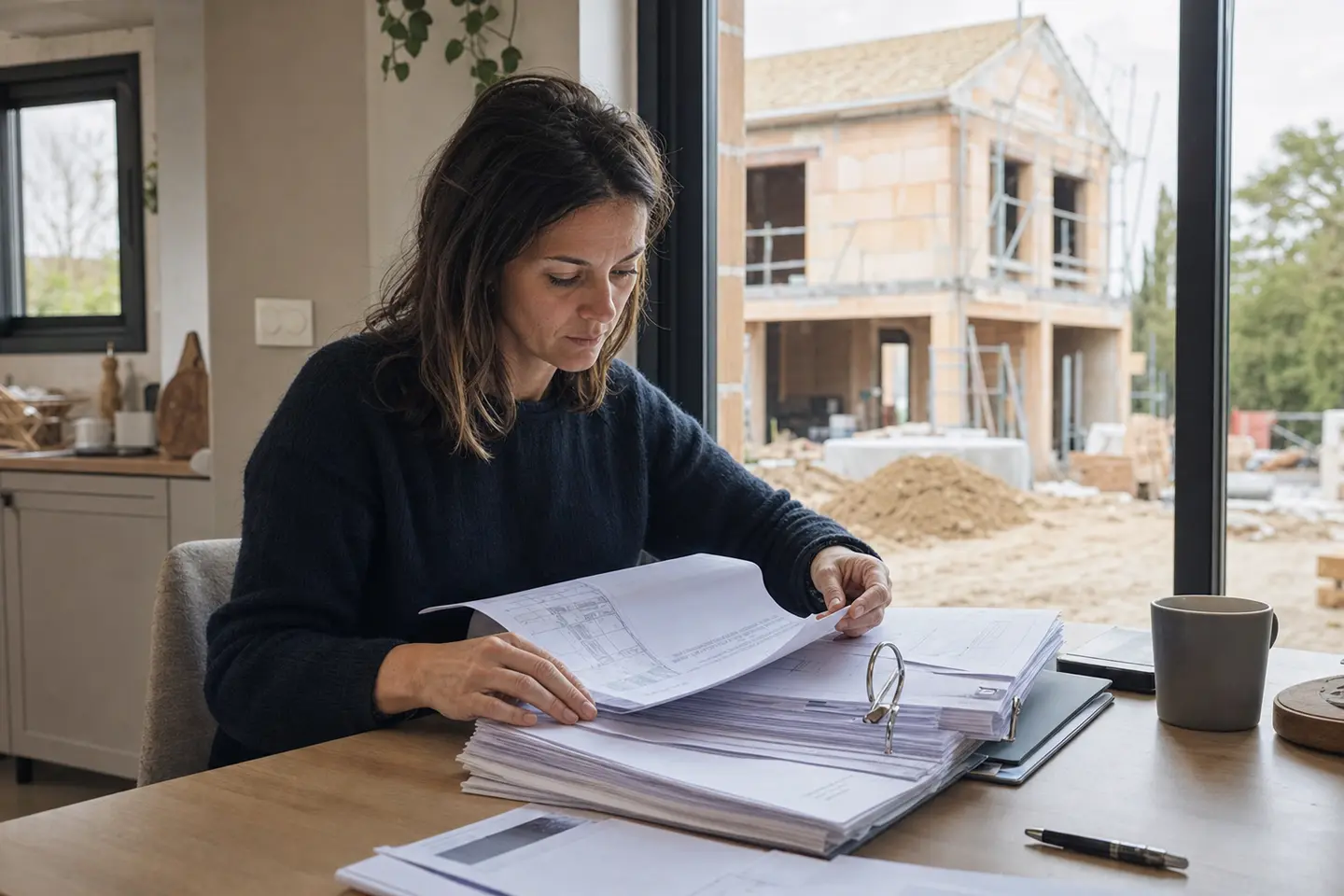 Particulier préparant son dossier d'assurance dommages-ouvrage avec plans et attestations sur une table