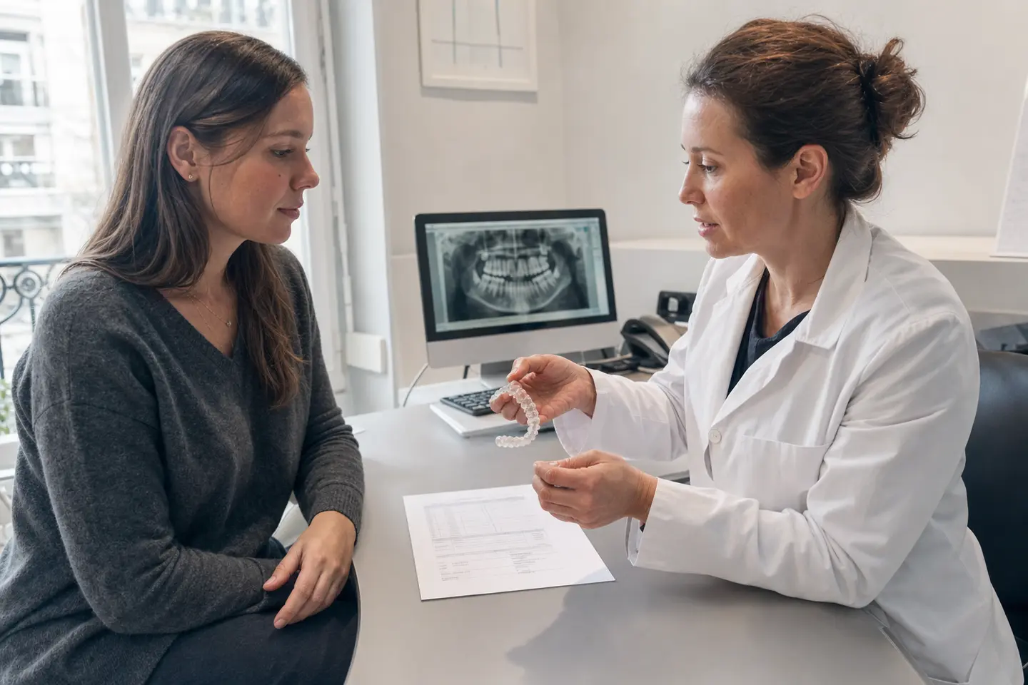 Patiente adulte étudiant un devis d'orthodontie avec son praticien, gouttière transparente posée sur le bureau du cabinet
