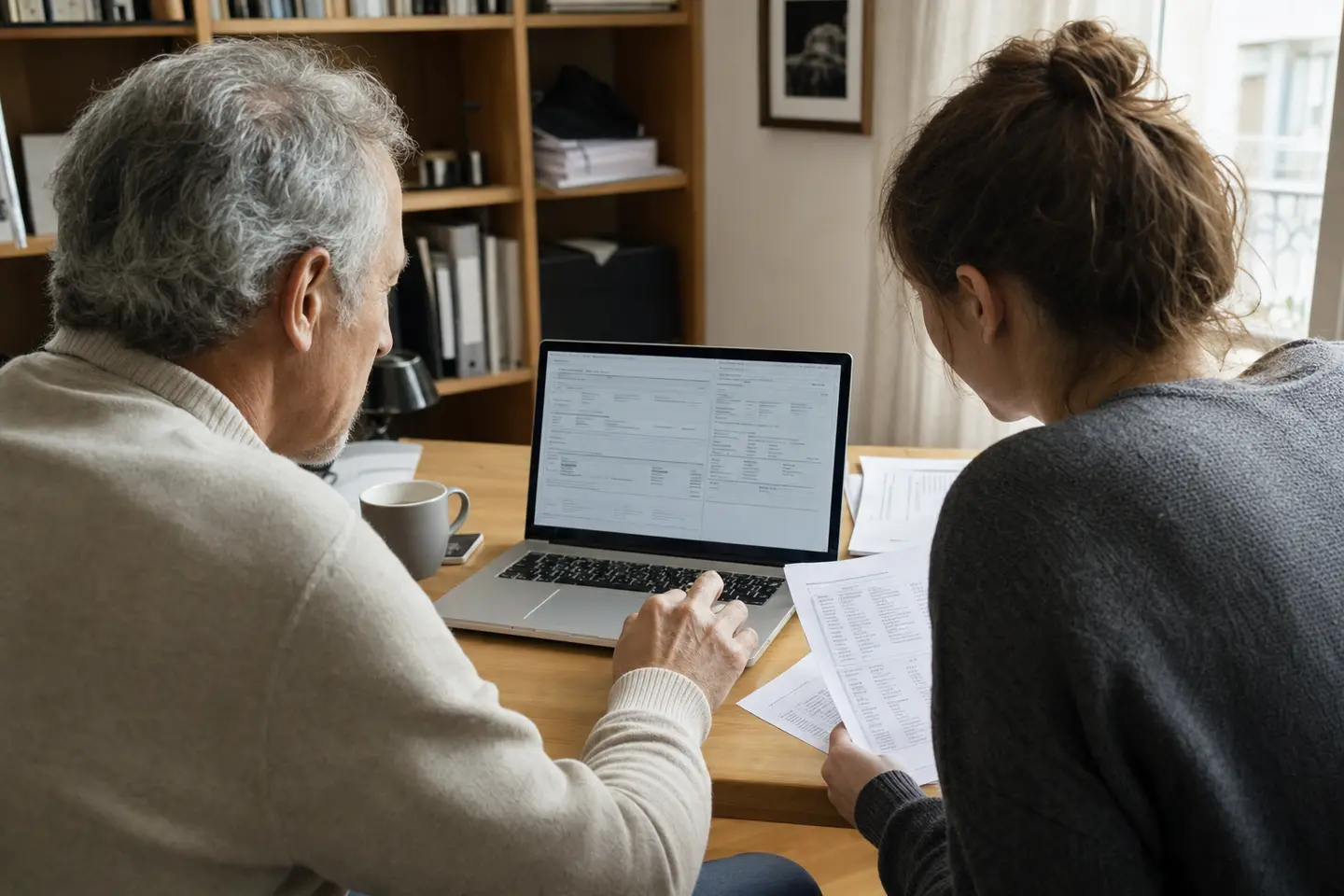 Parent et enfant majeur vérifiant sur ordinateur la déclaration de revenus incluant la rente éducation