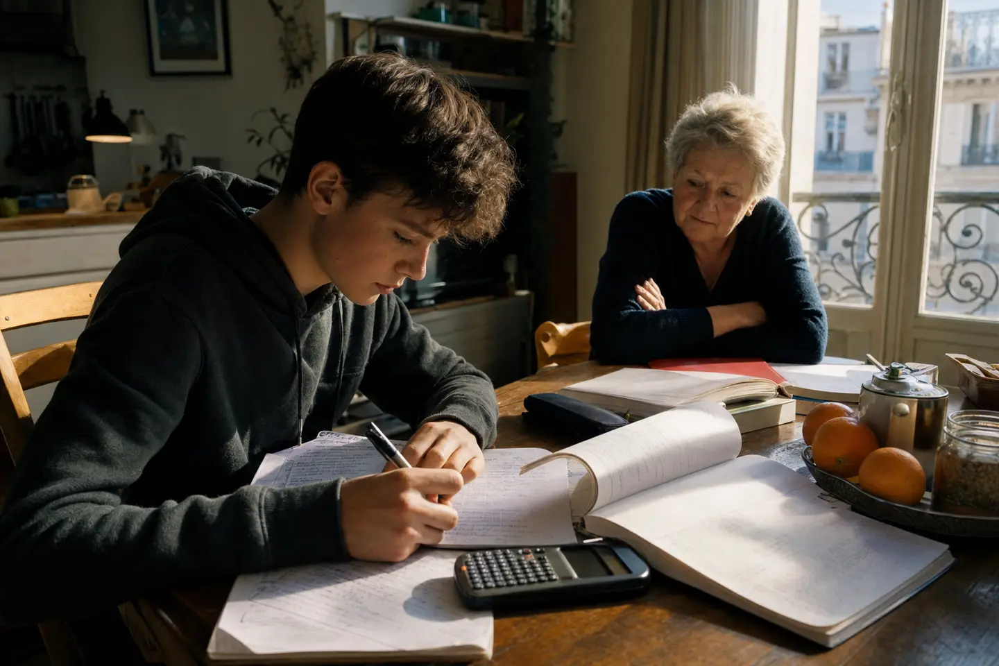Adolescent travaillant ses cours à la table familiale, symbole de la poursuite des études financée par la rente éducation OCIRP