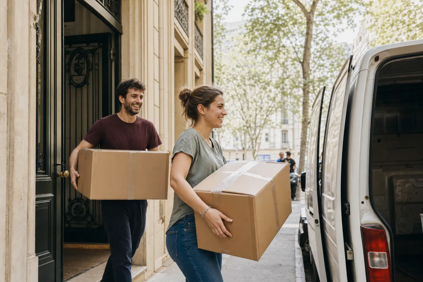 Un couple charge des cartons de déménagement dans une camionnette devant un immeuble, avant de résilier son assurance habitation