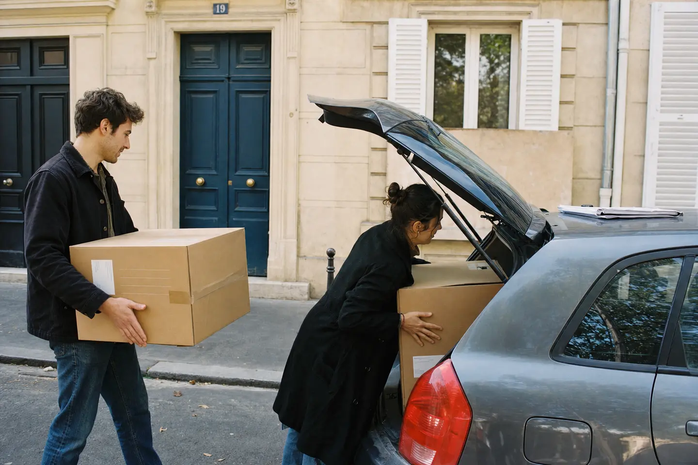 Couple chargeant des cartons de déménagement dans une voiture, situation ouvrant droit à la résiliation anticipée de l'assurance auto