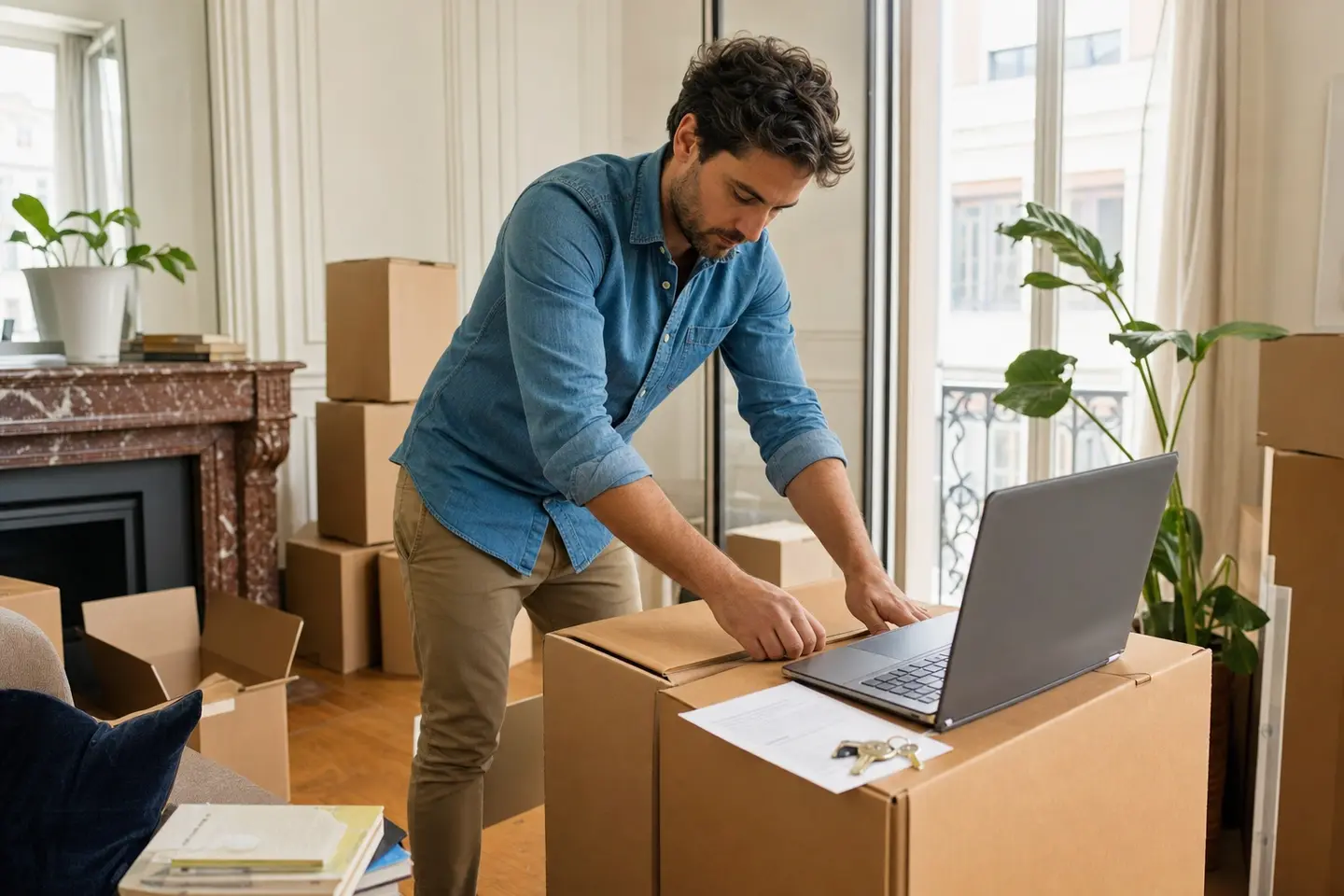 Locataire préparant son déménagement et la résiliation de son assurance habitation, cartons et documents dans le salon