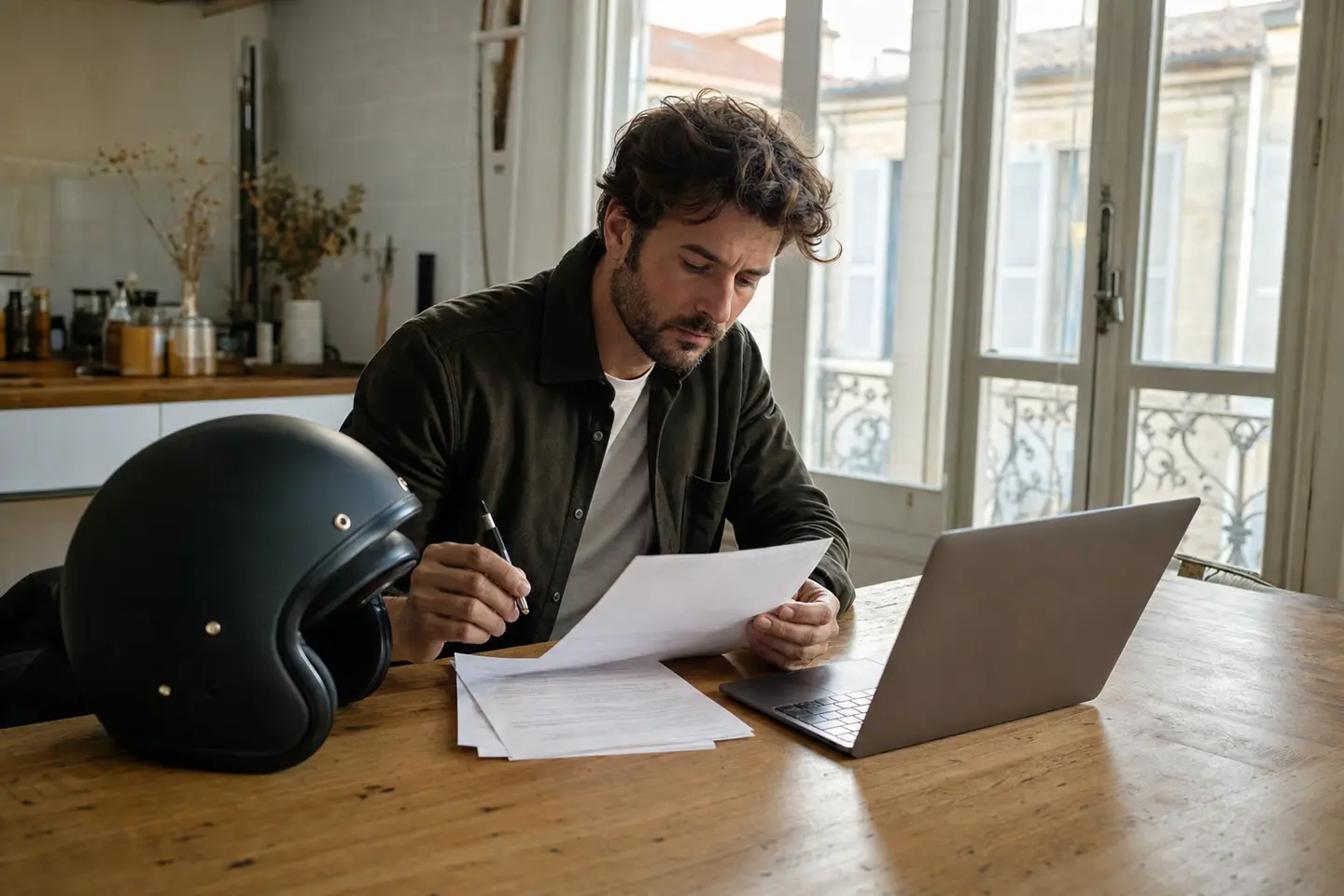 Motard comparant ses contrats d'assurance à sa table de cuisine, casque posé à côté des documents