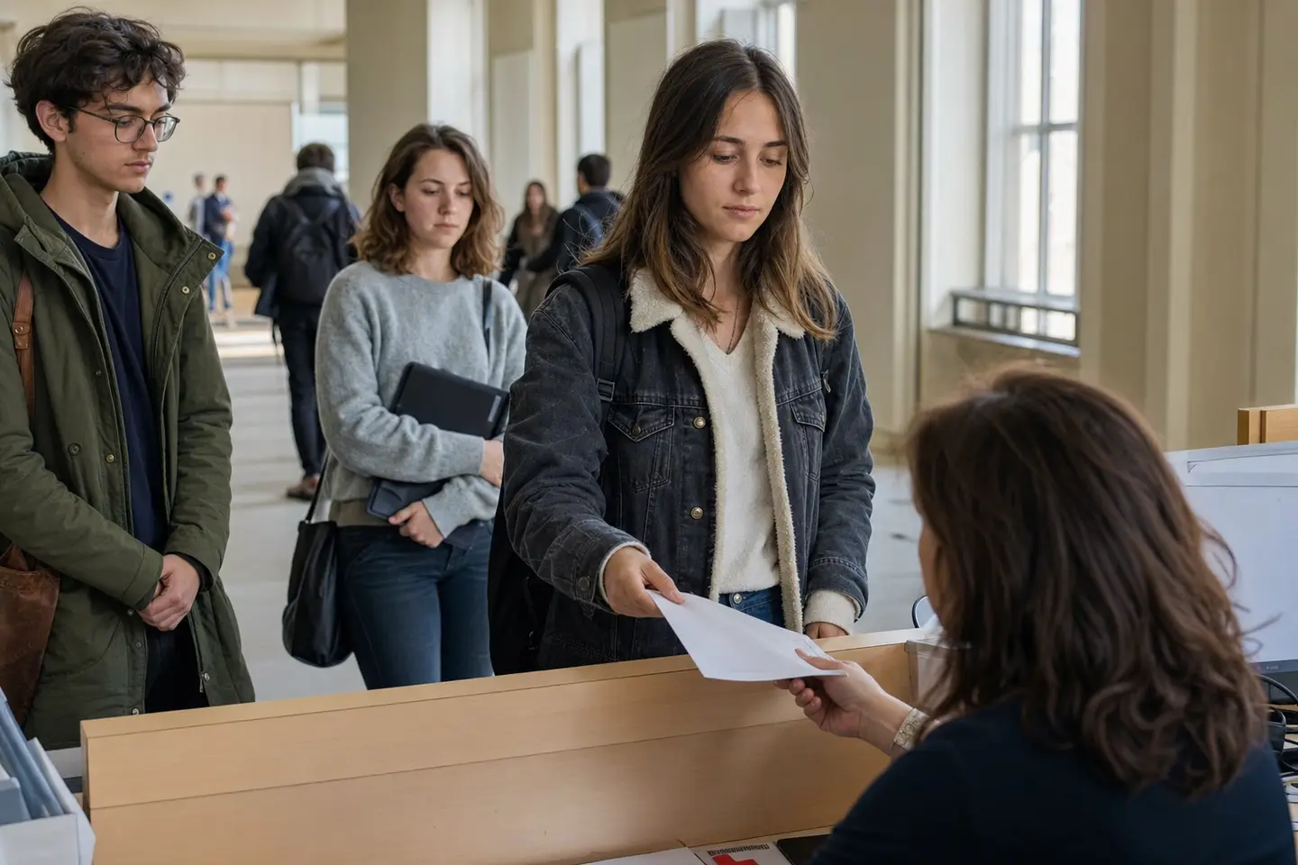Étudiant remettant son attestation de responsabilité civile au guichet d'inscription de son établissement