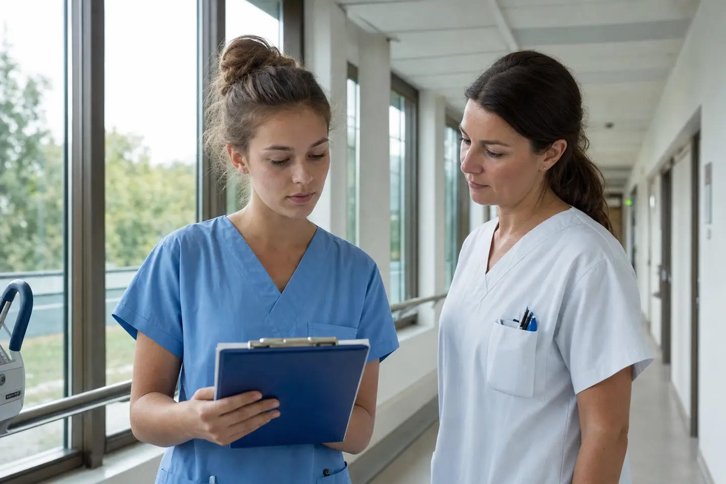 Étudiante en soins infirmiers en tenue de stage dans le couloir d'un service hospitalier