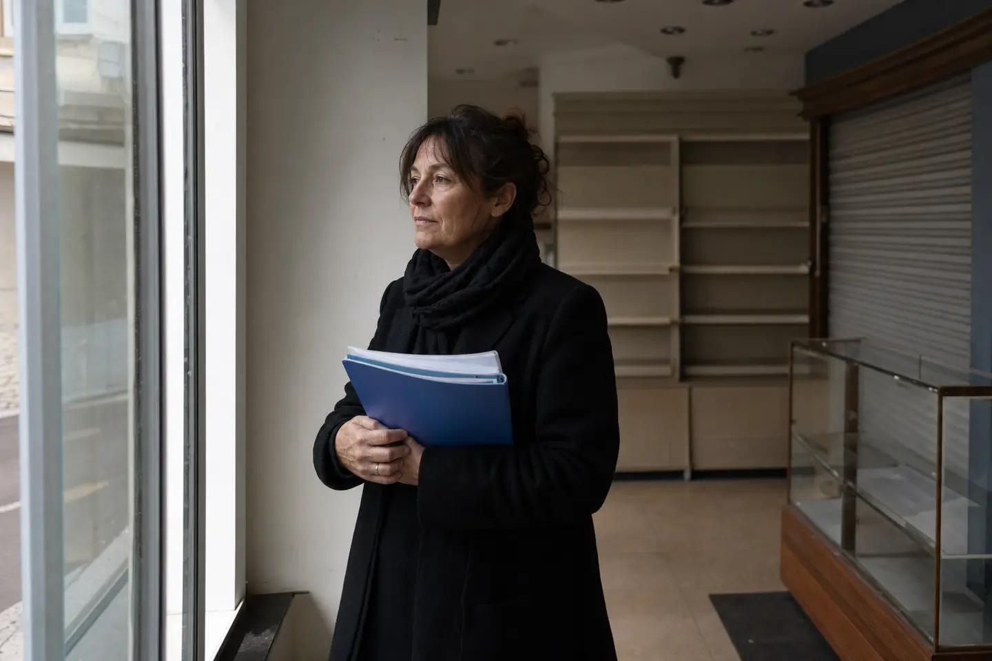 Dirigeante dans son commerce fermé après une liquidation judiciaire, illustrant les conséquences pour le patrimoine personnel du dirigeant
