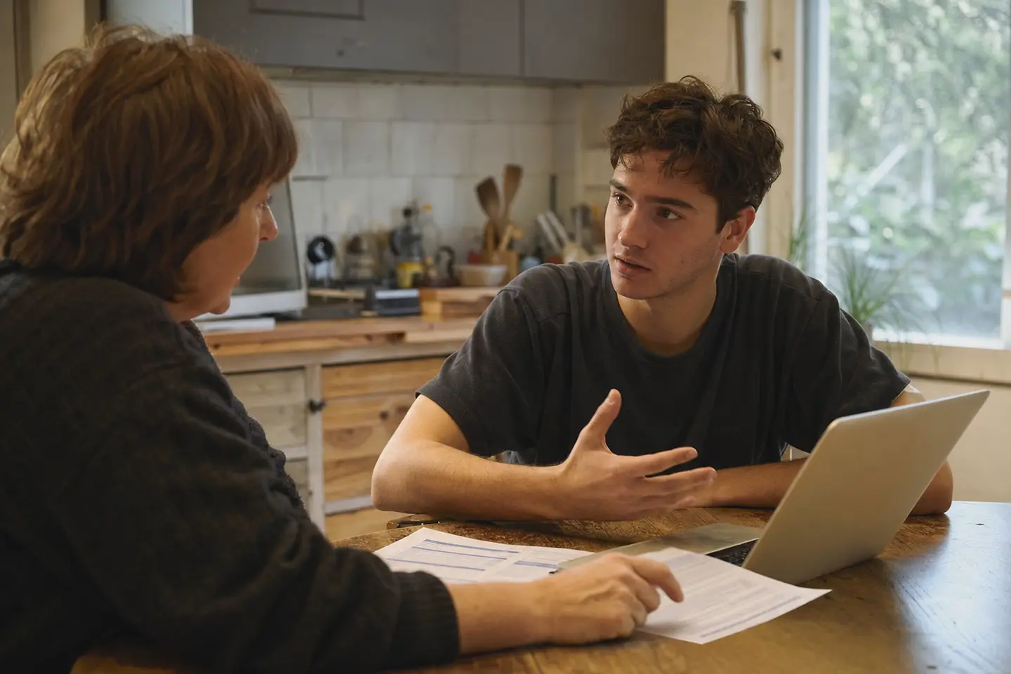 Jeune adulte discutant de sa couverture santé avec un parent, documents de mutuelle posés sur la table de la cuisine