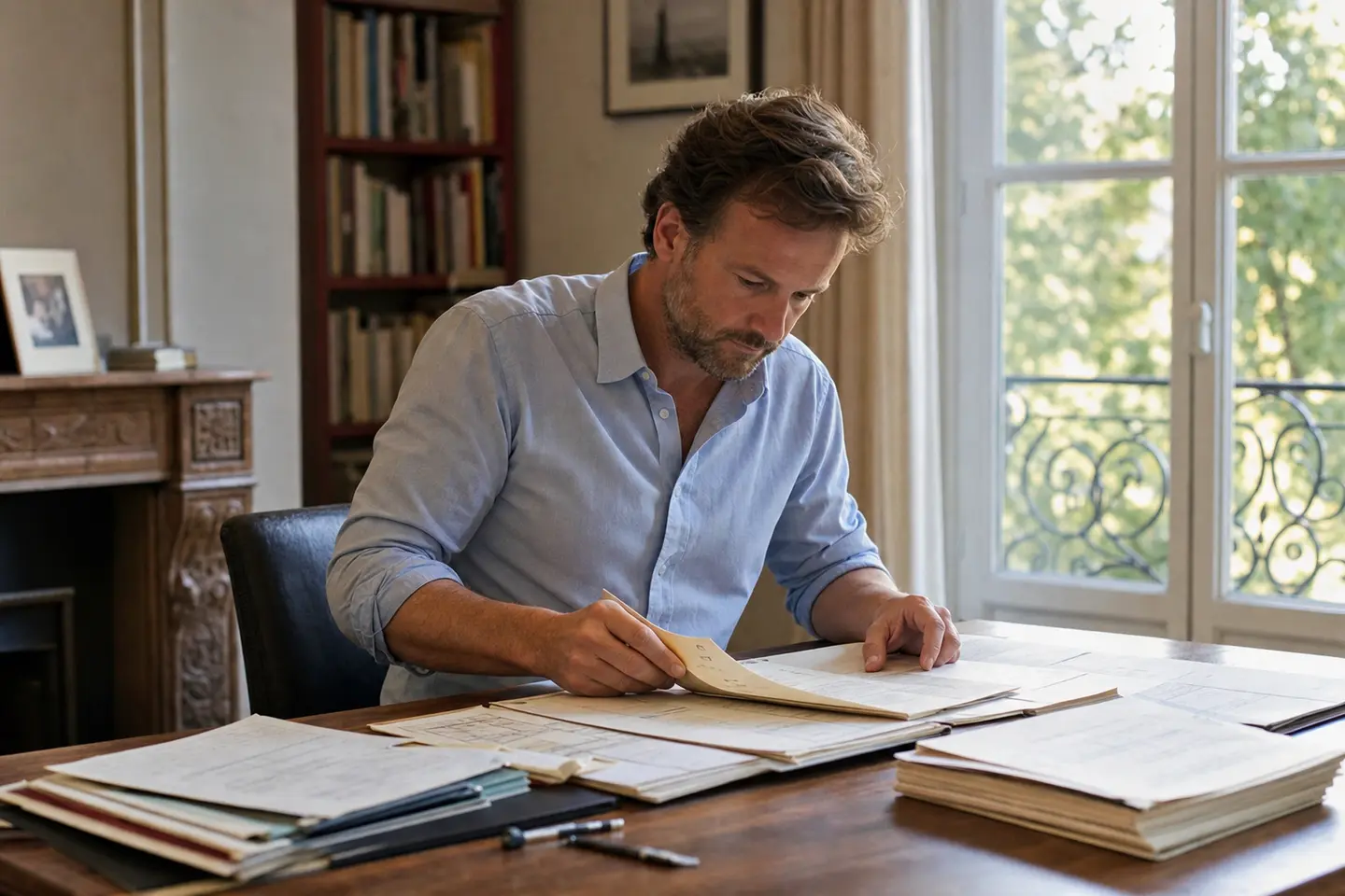 Un propriétaire recherche le contrat d'assurance dommages-ouvrage de sa maison dans ses documents immobiliers