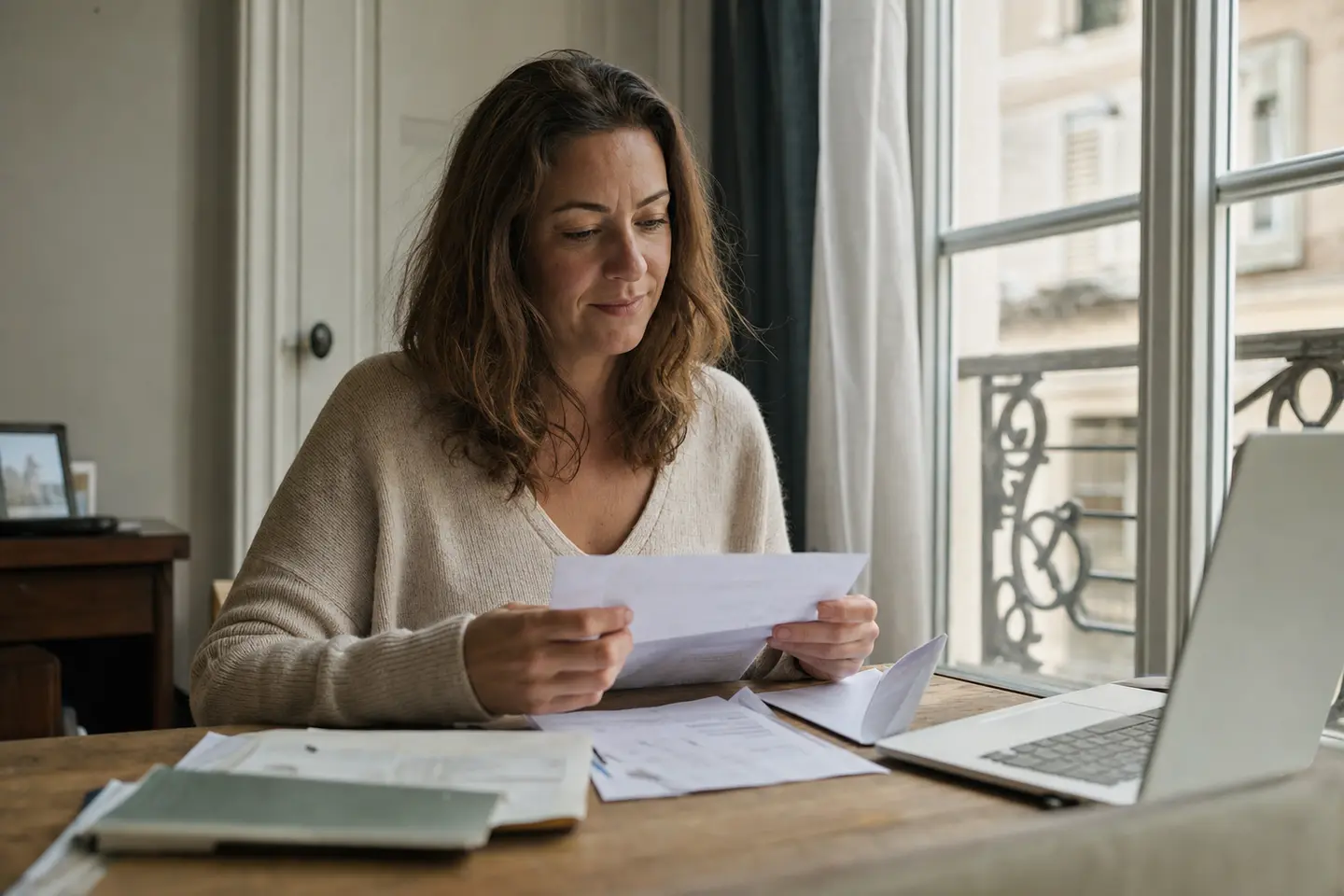 Une personne ouvre à son bureau un courrier d'assureur l'informant qu'elle est bénéficiaire d'une assurance vie