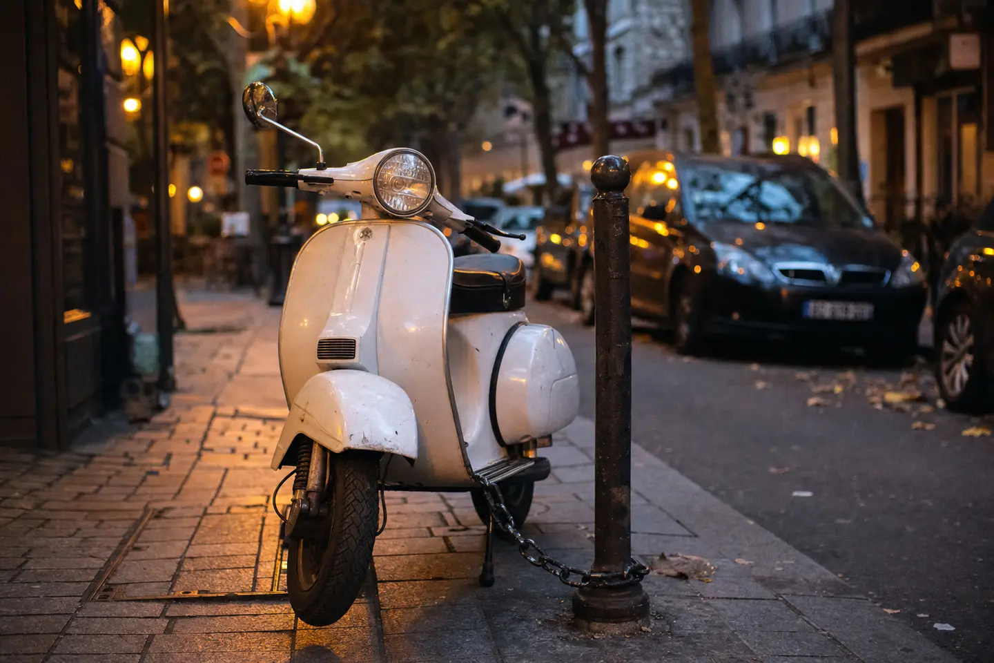 Scooter attaché à un point fixe avec une chaîne antivol homologuée dans une rue française au crépuscule