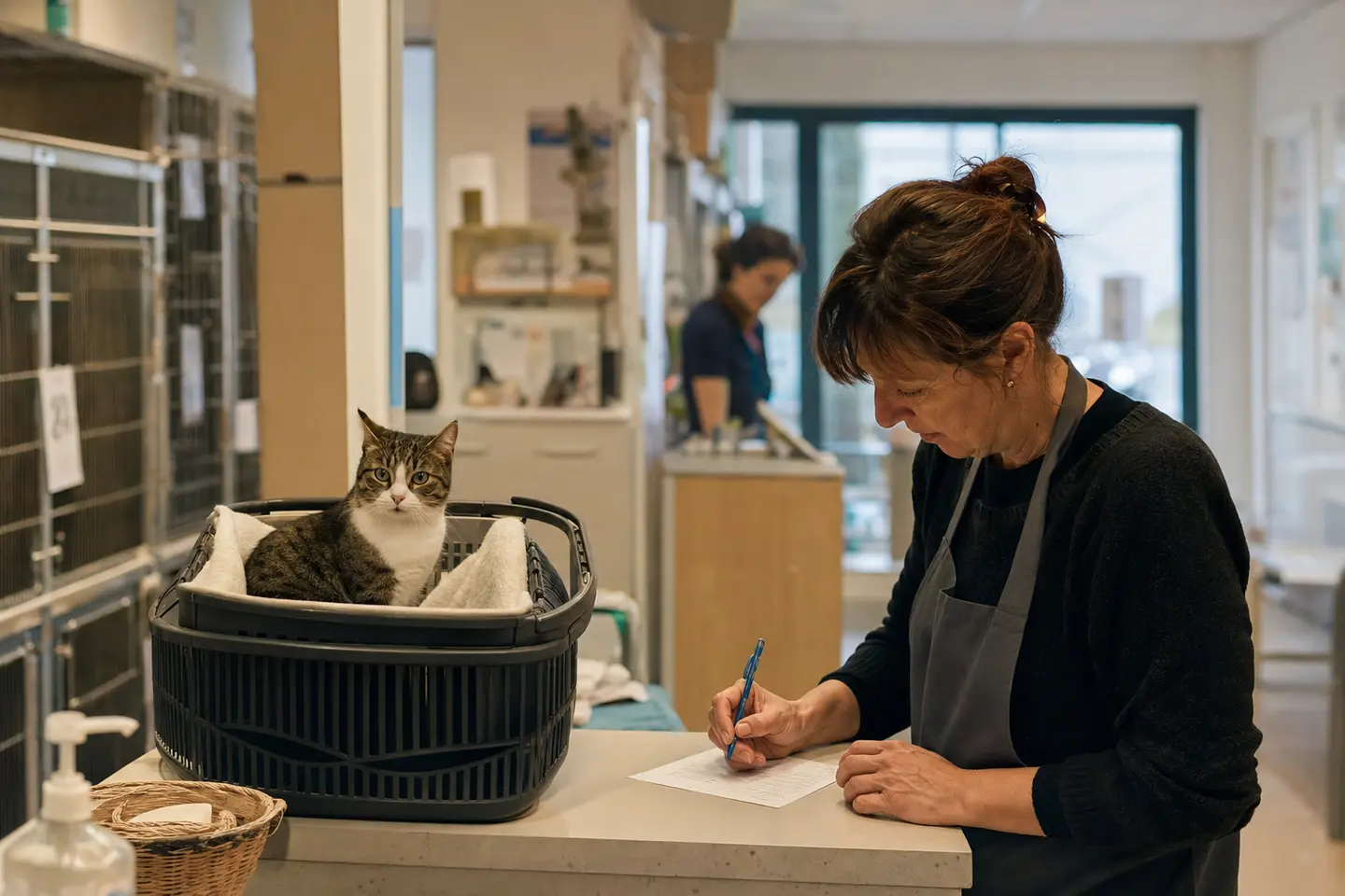 Un chat tigré dans une caisse de transport à l'accueil d'un refuge, un bénévole remplissant un formulaire