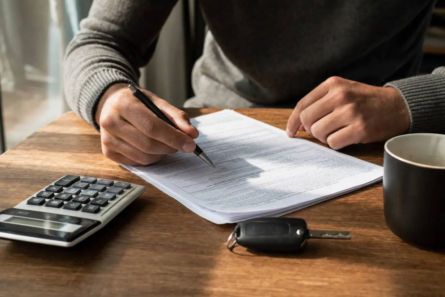 Un jeune conducteur calcule le montant de sa surprime d’assurance auto, contrat et calculatrice posés sur le bureau