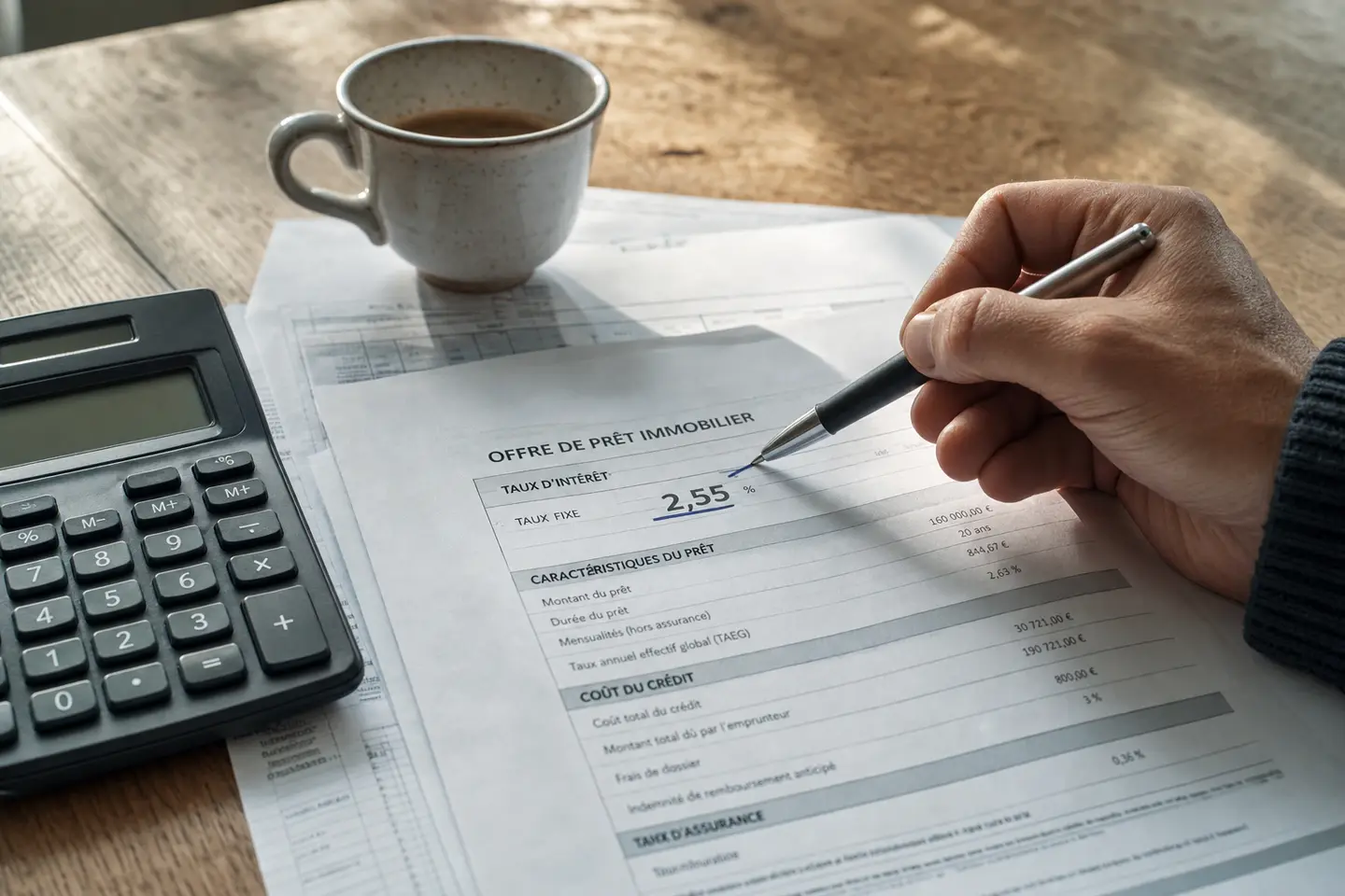 Un emprunteur souligne le taux annuel effectif de l'assurance sur son offre de prêt immobilier, calculatrice à côté