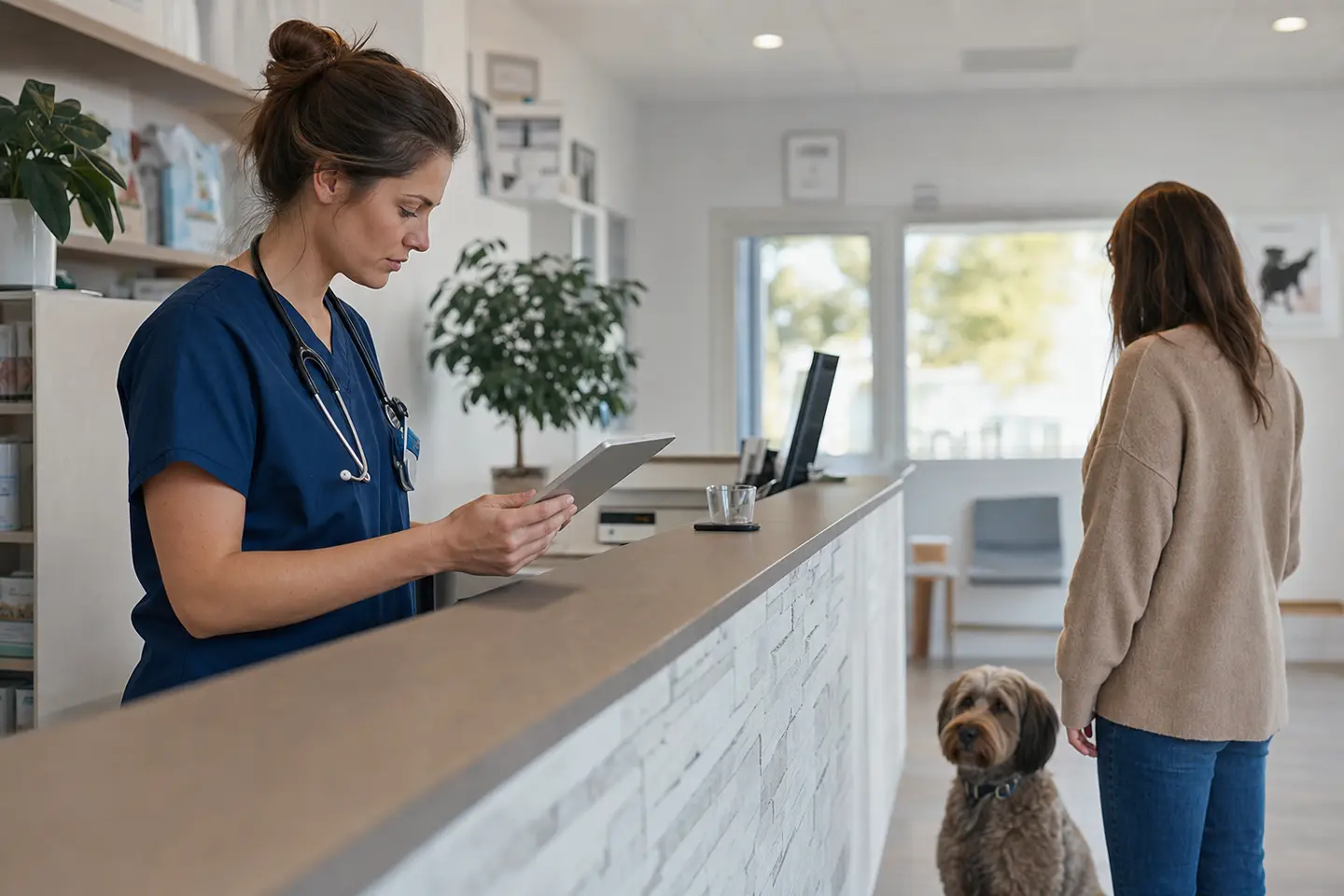 Un vétérinaire consulte une facture détaillée sur une tablette à l'accueil d'une clinique, un petit chien attend à côté
