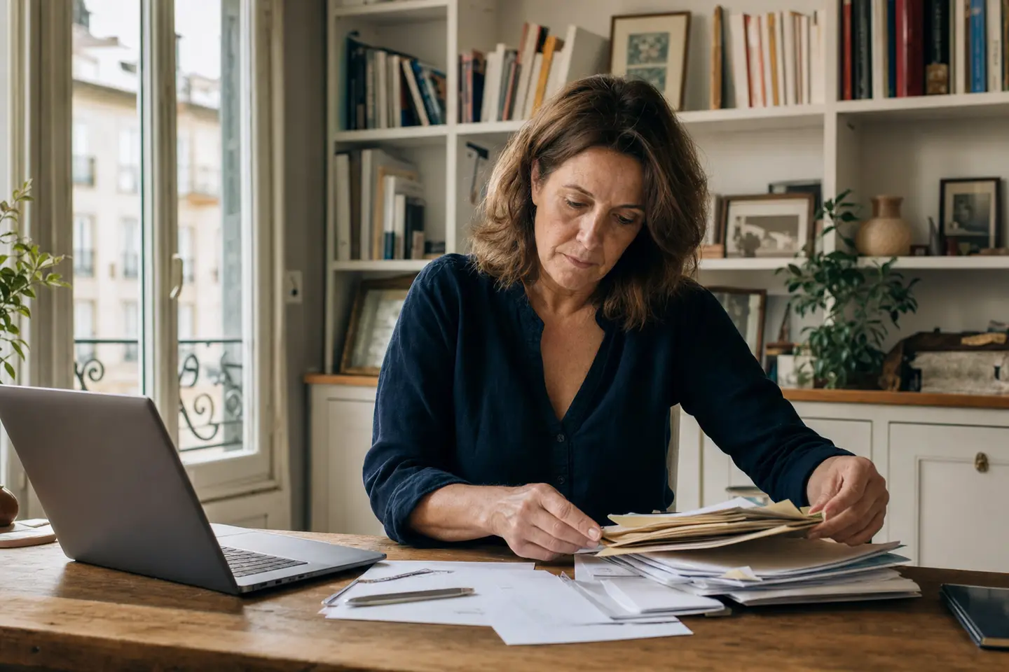 Une femme regroupe plusieurs contrats retraite sur son bureau pour préparer le transfert de son épargne vers un PER