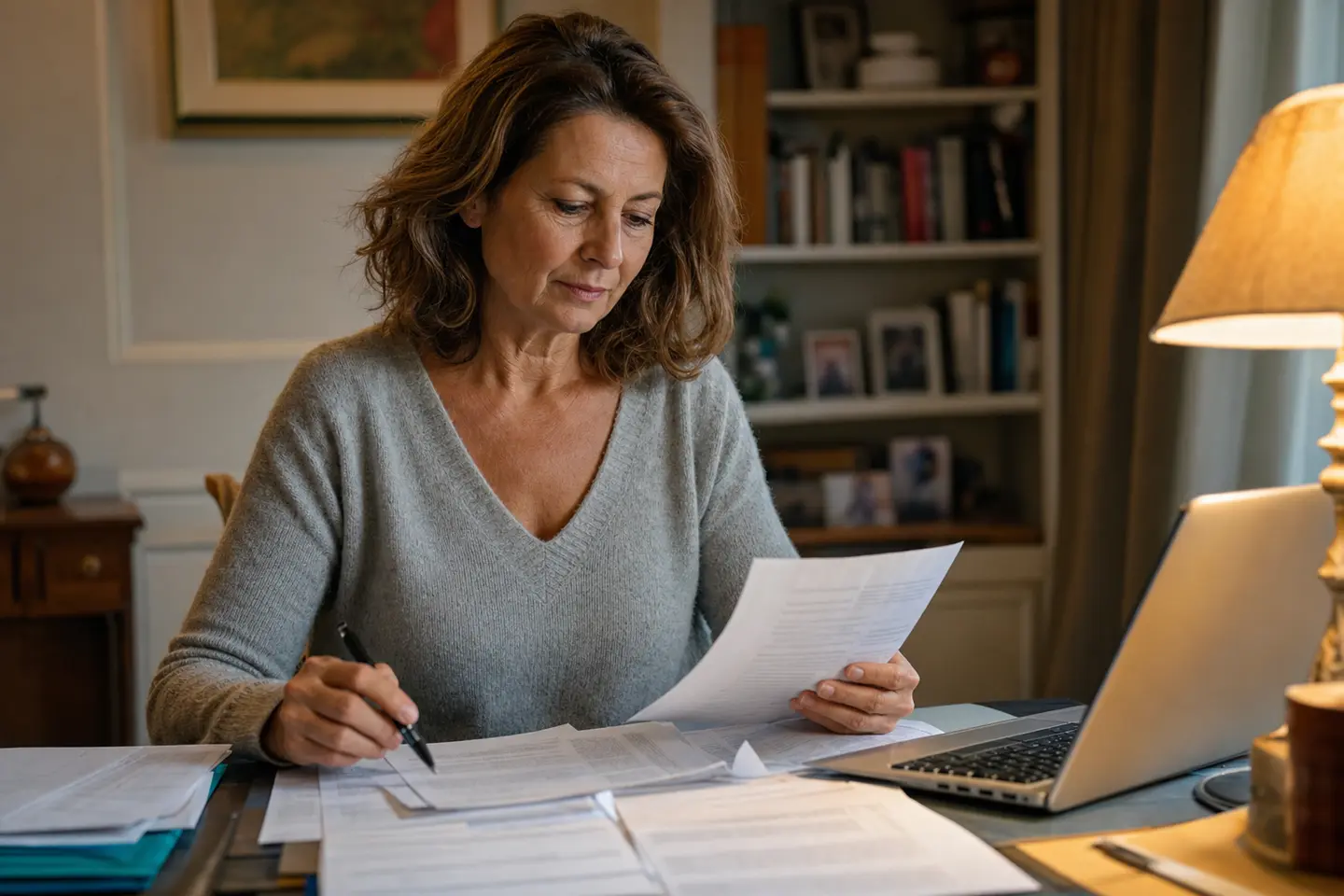 Une épargnante compare son ancien contrat article 83 et les documents d'un PER pour préparer le transfert de ses droits