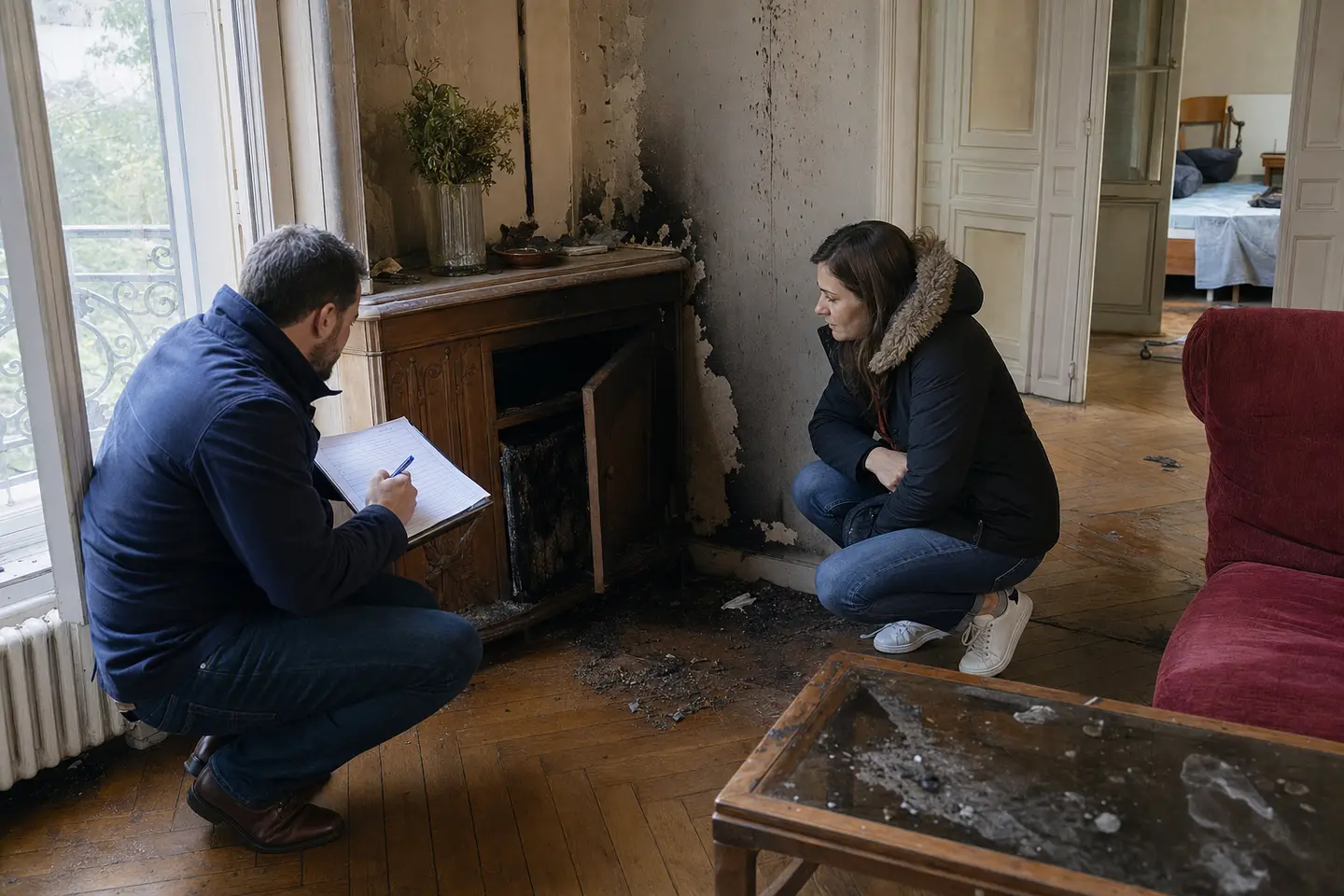 Expert d'assurance évaluant l'âge et l'état du mobilier d'un salon sinistré lors de l'inventaire des biens