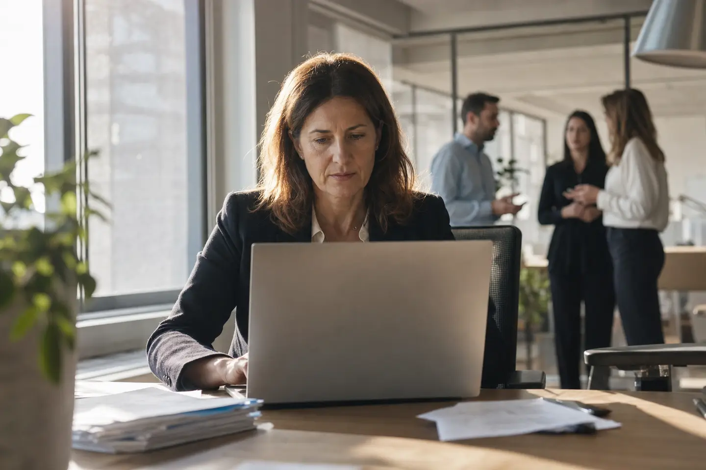 Déléguée à la protection des données rédigeant une notification de violation sur un ordinateur portable dans un bureau français